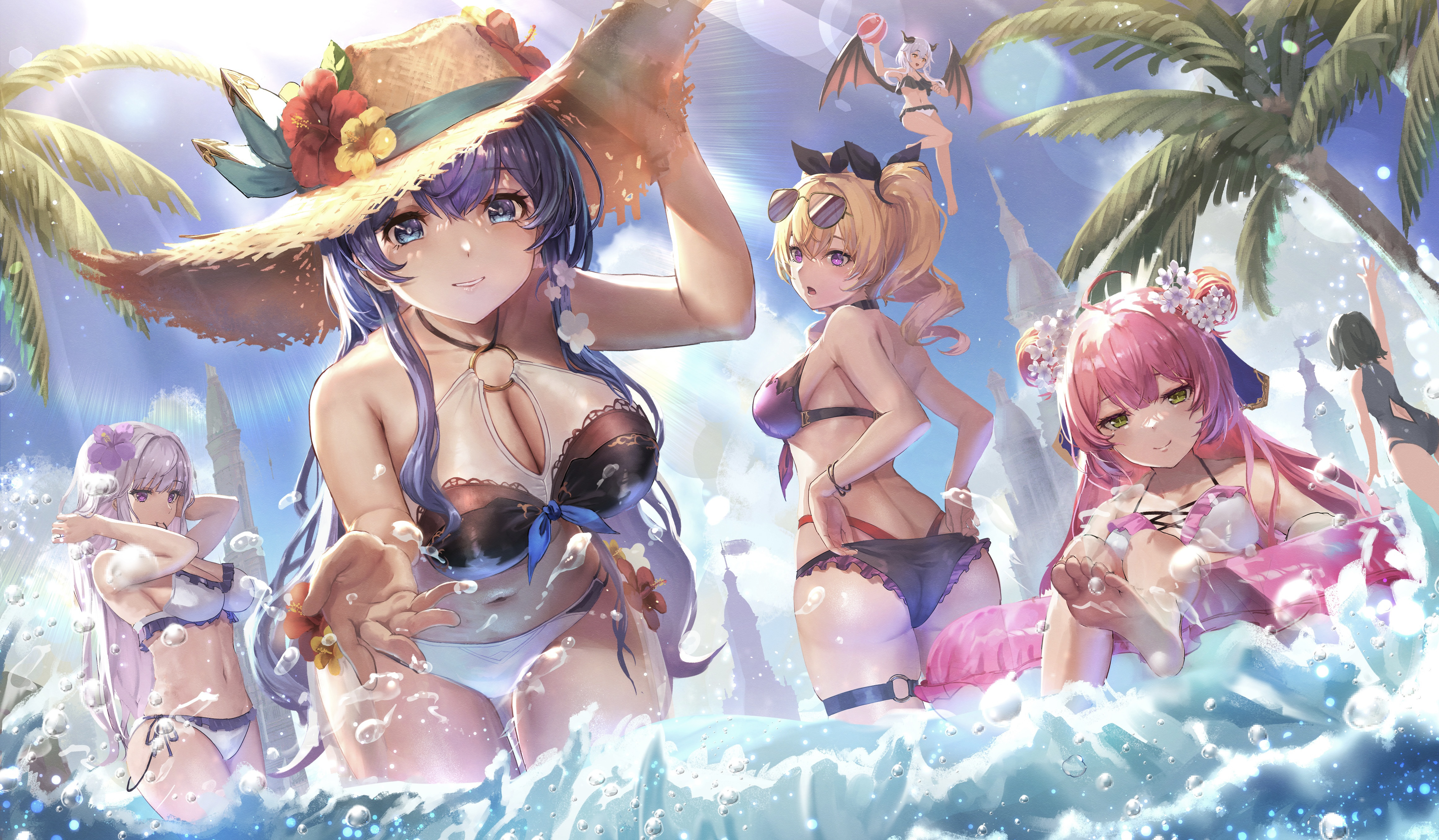Anime 4640x2709 legs bikini water waves flowers sky hibiscus palm trees big boobs sunglasses flower in hair swimwear group of women sunlight Manichi looking at viewer anime girls straw hat standing standing in water cleavage long hair sideboob floater ass water drops