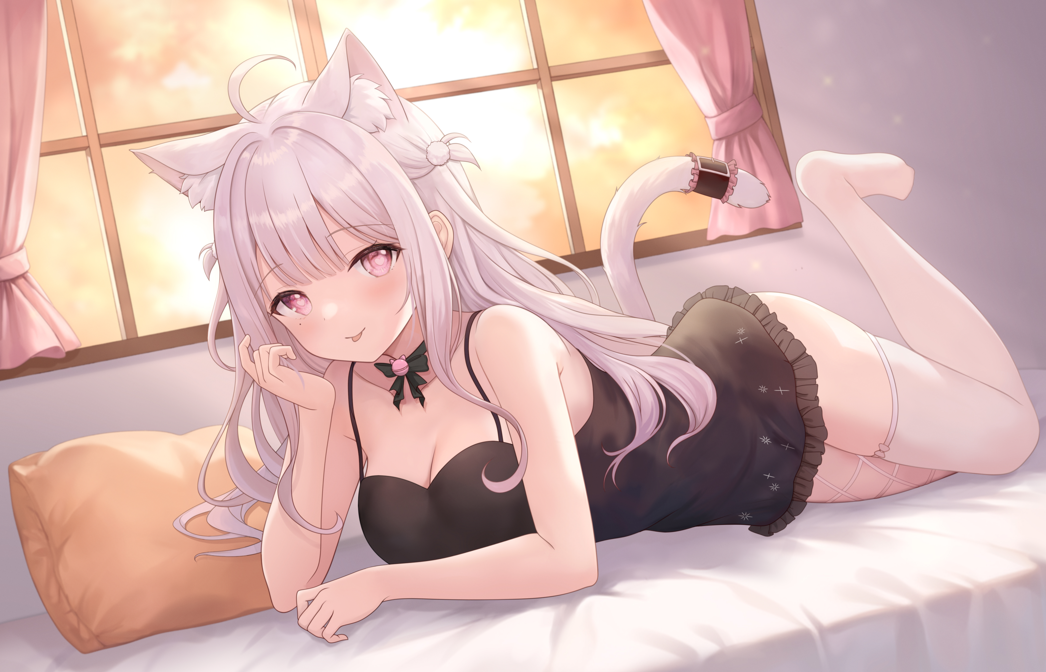 Anime 3530x2270 legs feet lying down lying on front anime girls cat ears cat tail cat girl bed pillow stockings tongue out looking at viewer in bed frills sunset glow indoors women indoors sunset curtains Virtual Youtuber moles mole under eye Uise iu