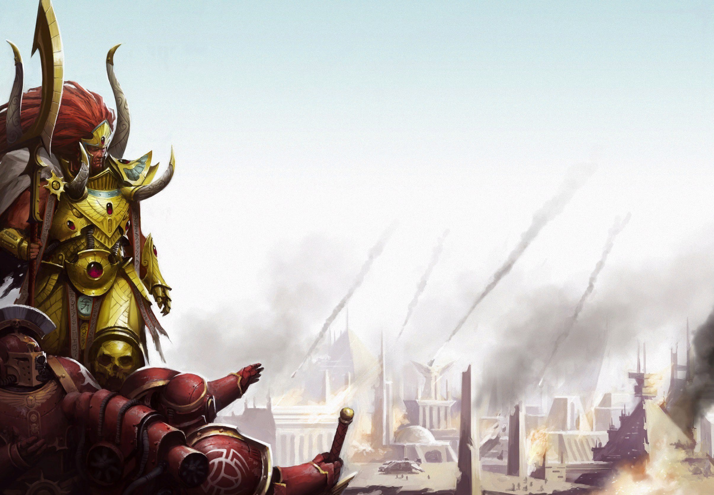 General 2411x1671 Warhammer 30,000 Warhammer 40,000 Warhammer space marines psyker magic science fiction technology Thousand Sons Prospero fire smoke city red gold war fighting power armor Adeptus Astartes battle Magnus-the-Red armor video games video game characters