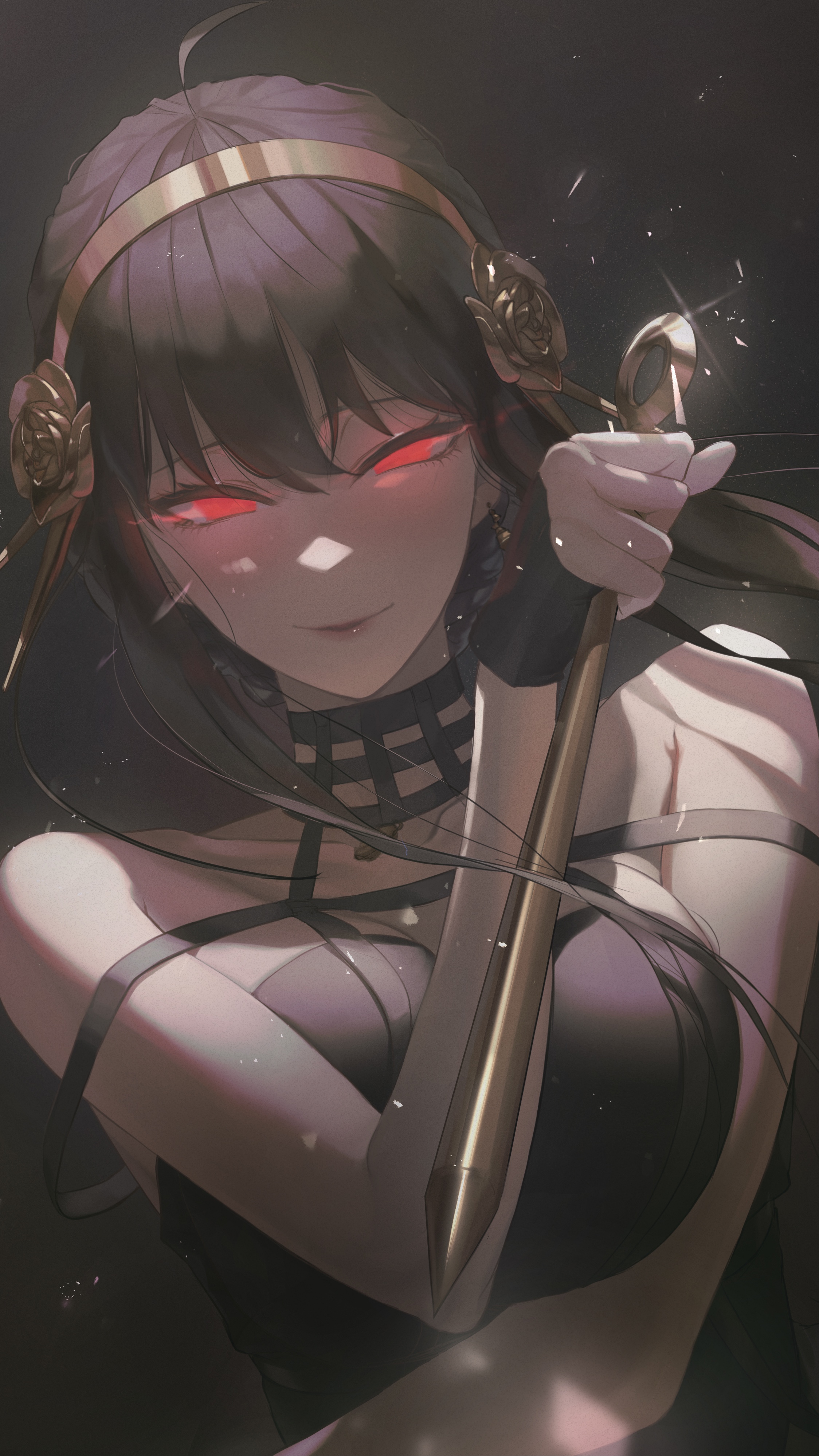 Anime 2248x3997 anime girls smiling Spy x Family Yor Forger portrait display weapon glowing eyes red eyes black hair long hair looking at viewer earring simple background minimalism