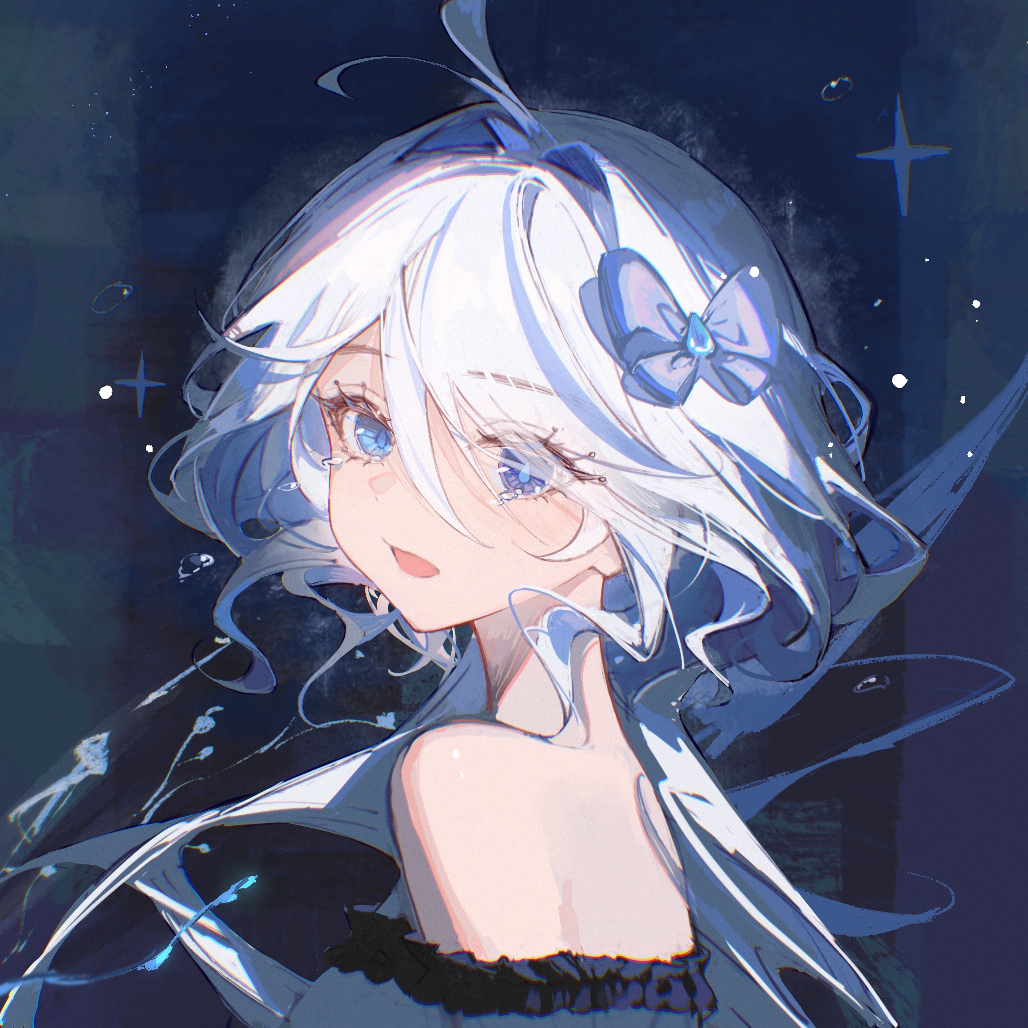 Anime 2048x2048 Genshin Impact artwork Furina (Genshin Impact) anime anime girls Mobile Game white hair blue eyes crying tears teardrop bow knot bare shoulders stars dress SWKL long hair looking at viewer open mouth hair bows simple background