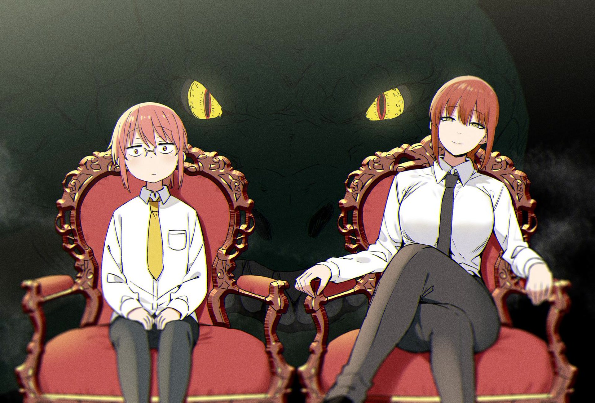 Anime 1920x1300 Makima (Chainsaw Man) Tohru (Kobayashi-san Chi no Maid Dragon) Kobayashi (Kobayashi-san Chi no Maid Dragon) anime girls sitting Chainsaw Man chair looking at viewer smiling legs crossed tie closed mouth armchair