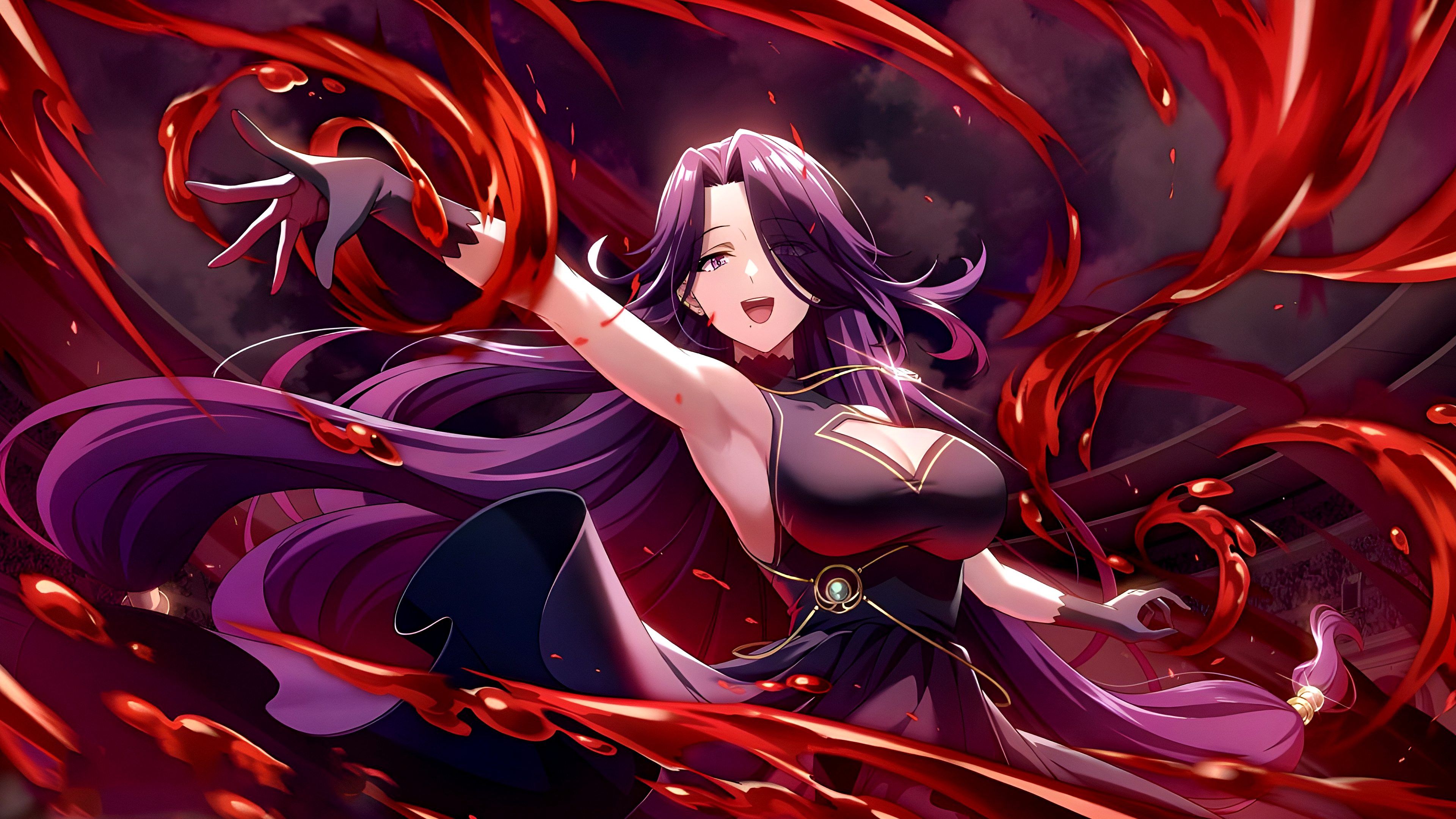 Anime 3840x2160 The Eminence in Shadow anime anime girls Aurora (The Eminence in Shadow) looking at viewer big boobs hair over one eye gloves open mouth liquid armpits long hair dress necklace purple hair purple eyes cleavage cutout cleavage