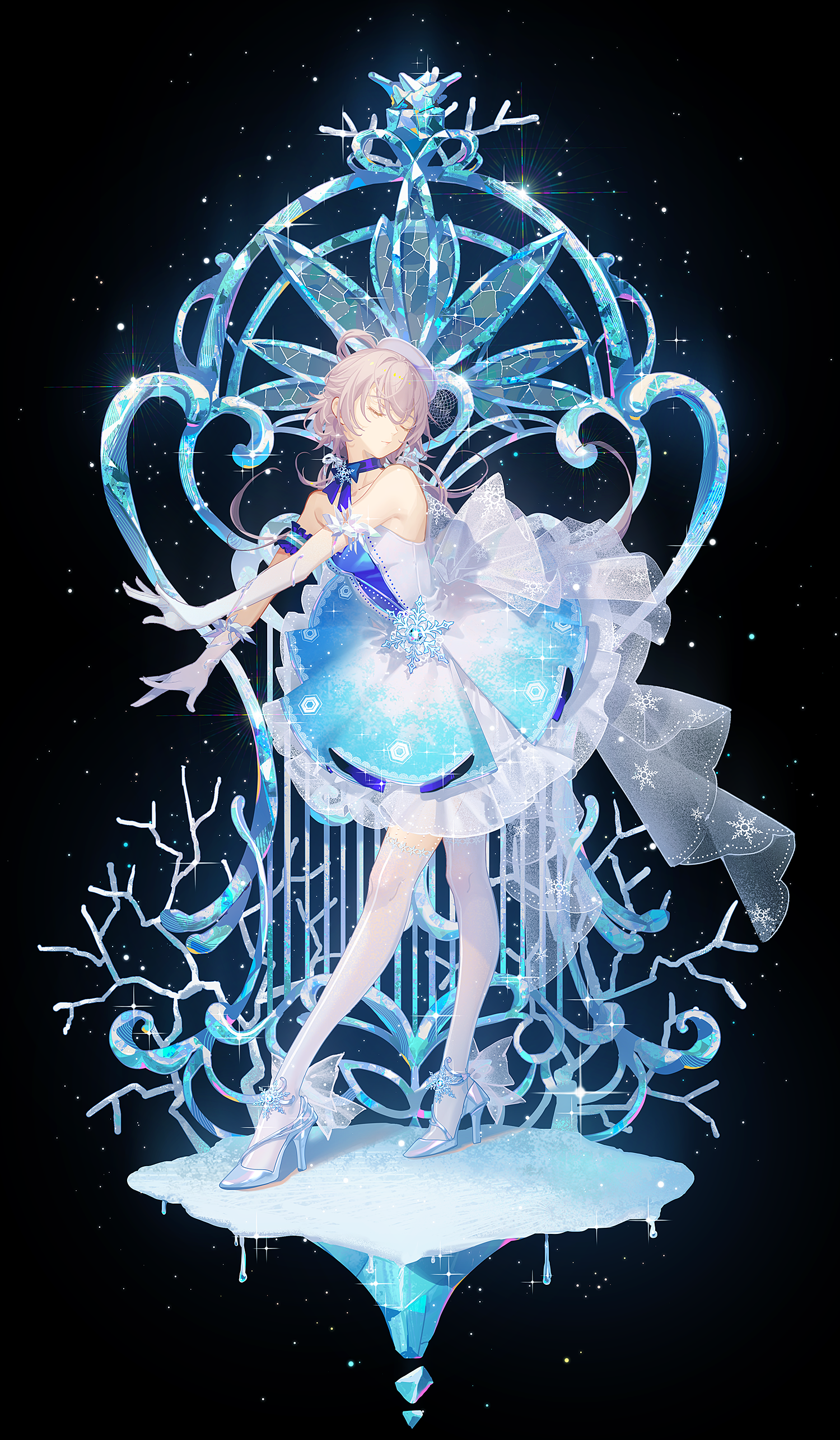 Anime 1500x2571 anime anime girls Pixiv portrait display closed eyes long hair dress stars frills heels standing ice simple background hat black background gloves minimalism stockings Vocaloid China