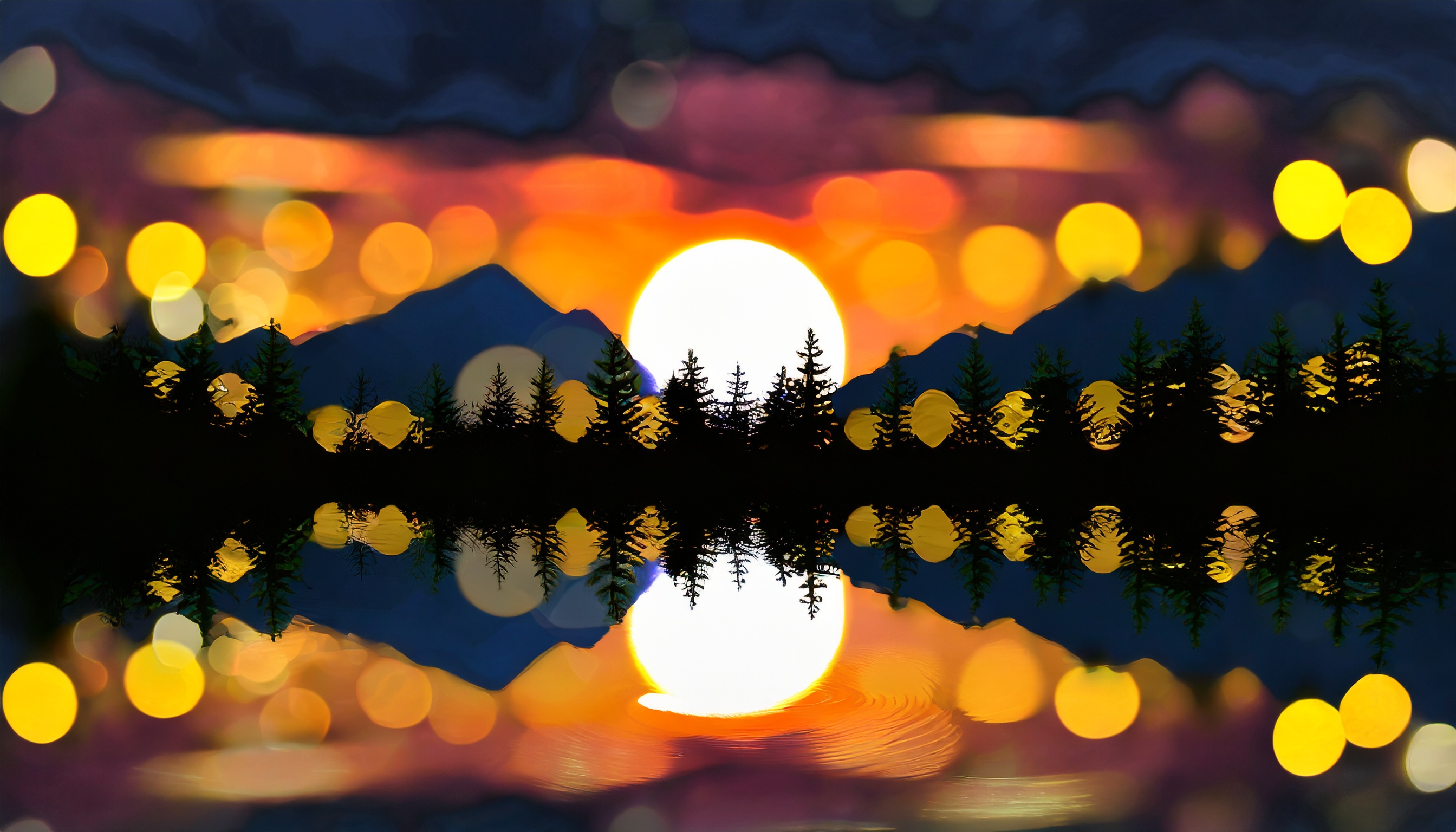 General 2688x1536 AI art digital art sunset bokeh orange nature landscape reflection trees Sun lights sunset glow