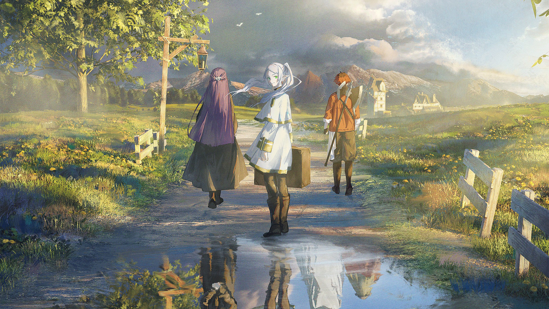 Anime 1920x1080 anime girls anime boys Frieren Fern (Sousou No Frieren) nature Sousou No Frieren Stark (Sousou no Frieren) walking reflection sky clouds sunlight trees grass water luggage long hair looking at viewer twintails looking back smiling axes standing