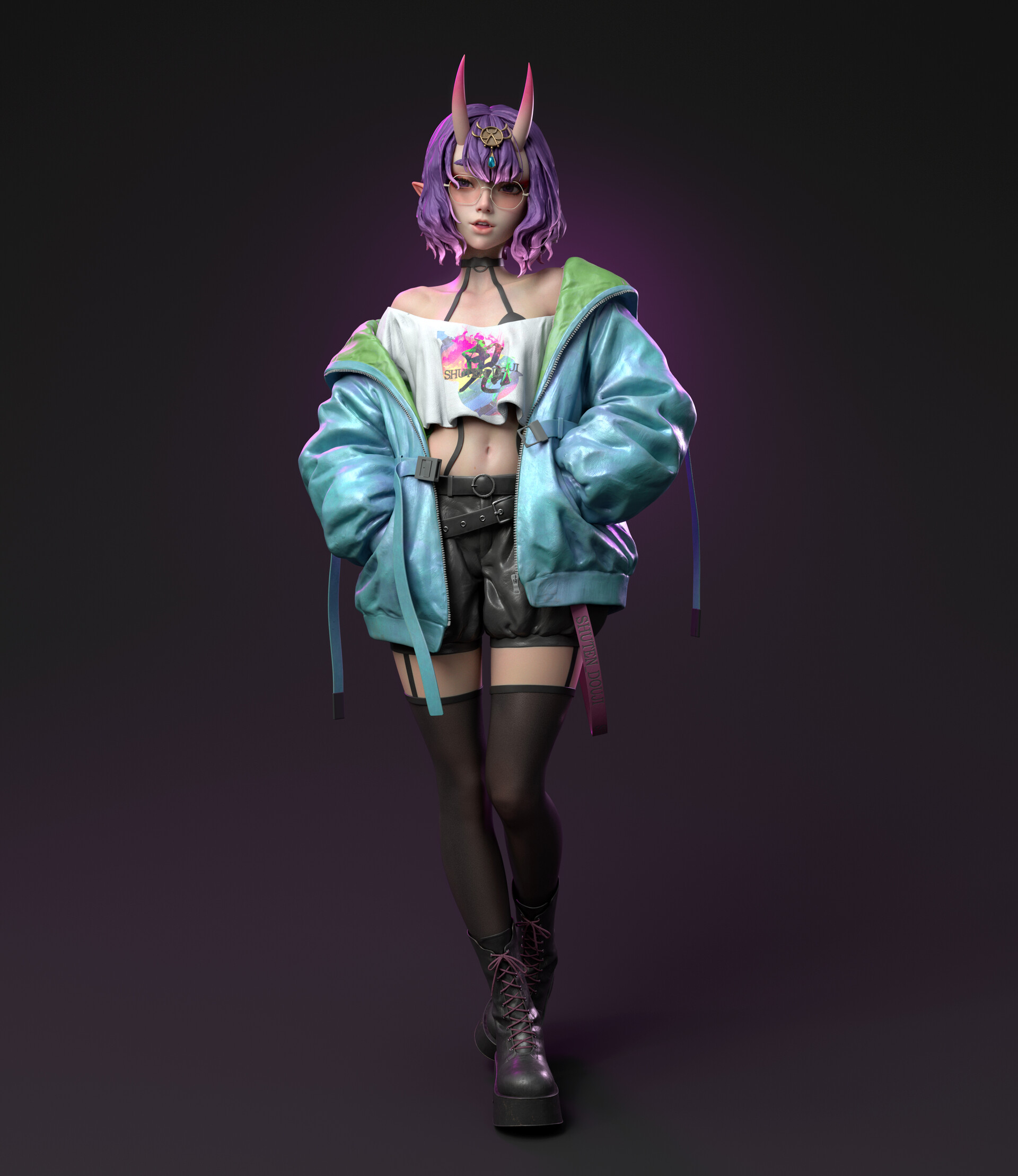 General 1920x2218 Haowen Yang CGI women purple hair horns open jacket gradient portrait display digital art standing looking at viewer jacket hands in pockets short hair pointy ears bare shoulders stockings minimalism simple background boots garter straps belly button sunglasses