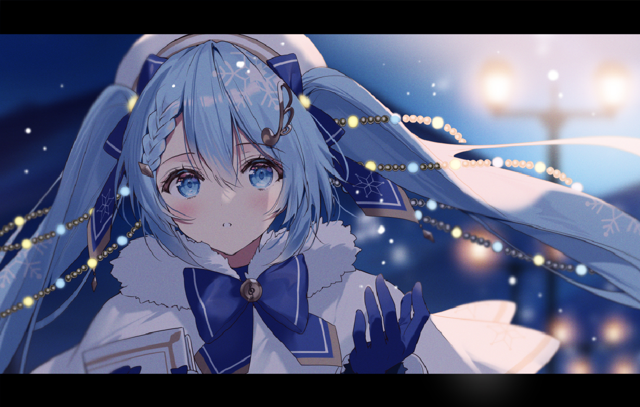 Anime 1284x818 Hatsune Miku Snow Miku anime anime girls blurry background blue twintails long hair blue hair blue eyes blushing bow tie hat braids gloves looking at viewer blurred lights Vocaloid