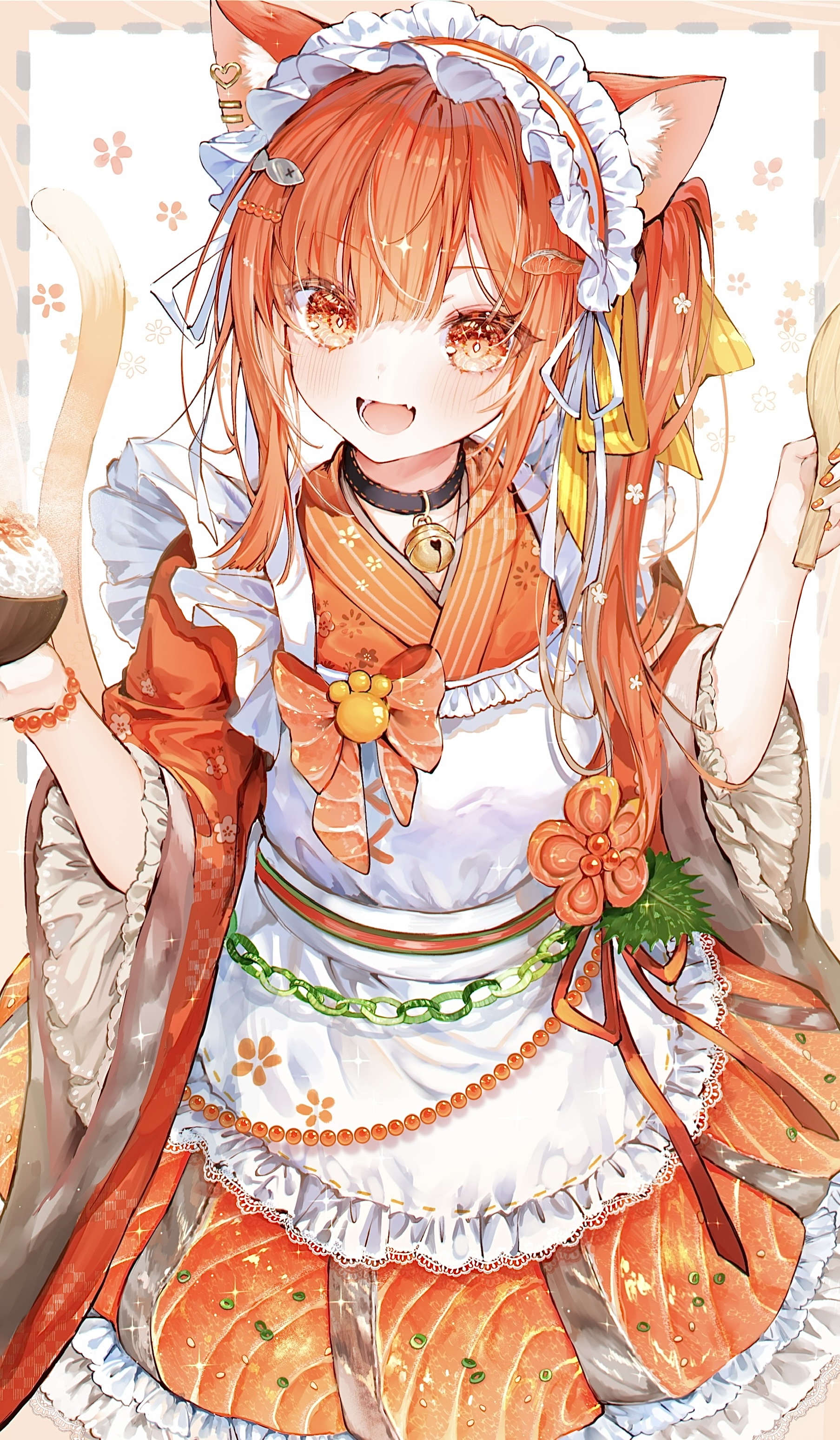 Anime 1807x3096 anime Pixiv anime girls Noyu original characters collar bells looking at viewer portrait display cat girl cat ears cat tail redhead orange eyes open mouth rice blushing food stars