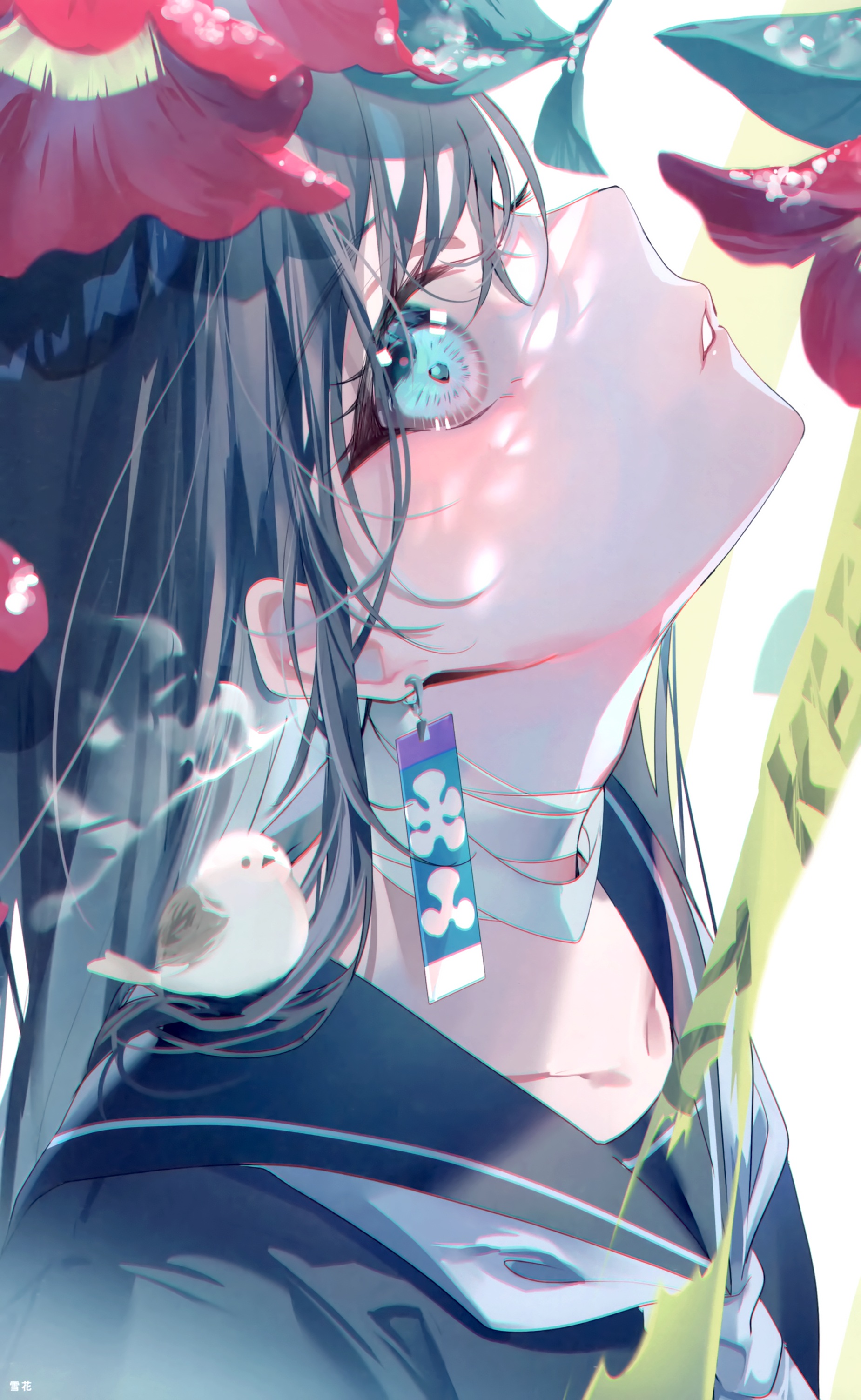 Anime 1850x3008 anime girls portrait display schoolgirl school uniform flowers looking at viewer blue eyes red flowers bandages long earrings simple background birds white background leaves miwano ragu dark hair dappled sunlight animals looking up open mouth