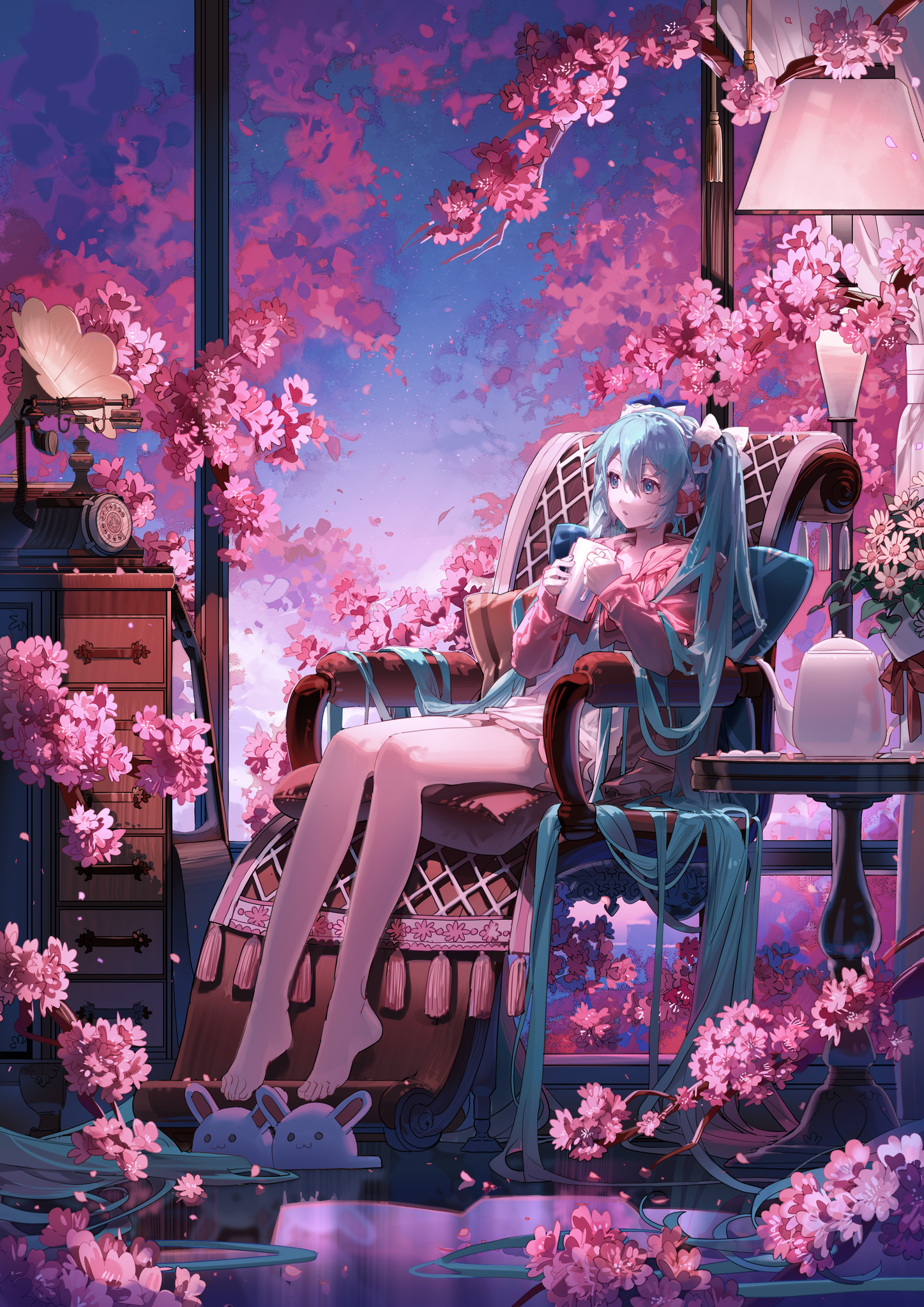 Anime 1447x2046 anime Pixiv anime girls Vocaloid Hatsune Miku flowers cherry blossom sitting gramophone barefoot portrait display chair long hair twintails blue hair blue eyes feet slippers drink reflection lamp looking away armchair Shuno (artist)