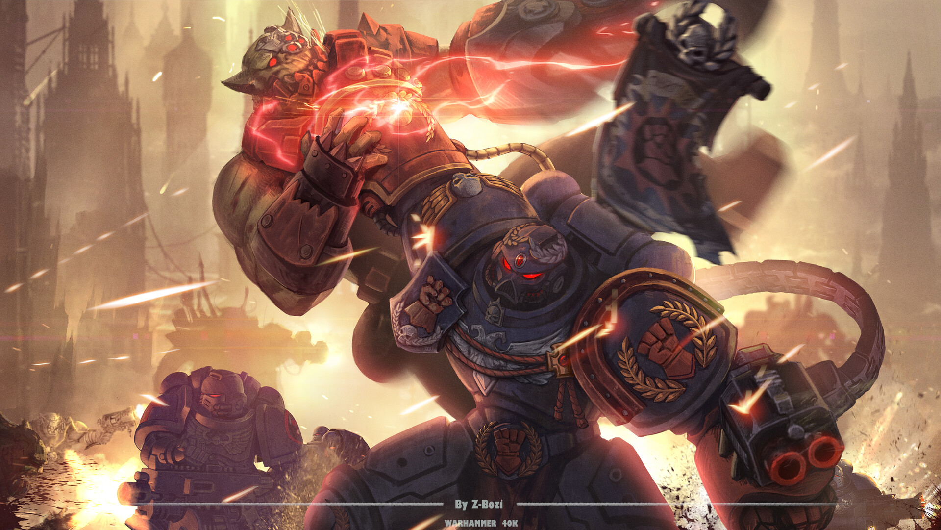 General 1920x1081 Space Marine Warhammer Warhammer 40,000 Warhammer 30,000 power armor weapon bolter ultramarine Robute Gilliman orcs red blue gold skull Science Fiction Men Imperium of Man fire science fiction gun video games video game characters