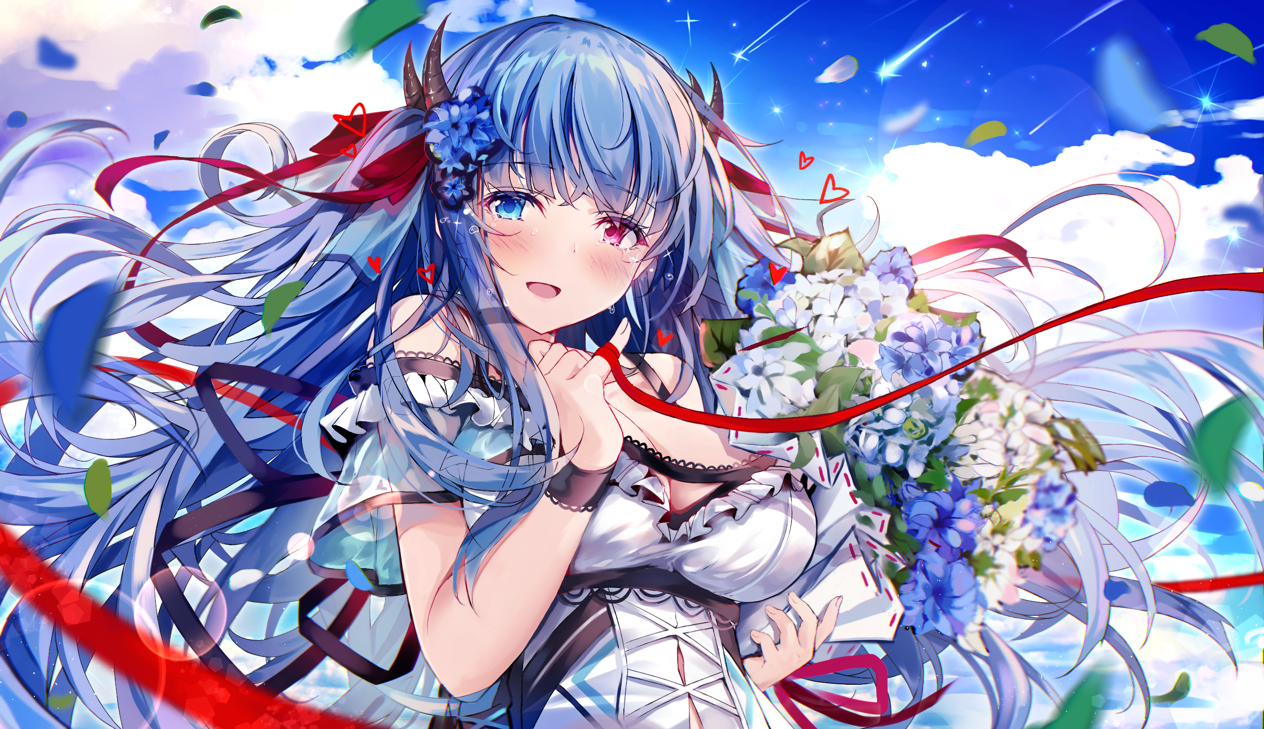 Anime 2600x1500 anime anime girls heterochromia long hair sky Blue Archive clouds Ibuki (Azur Lane) looking at viewer blushing dress big boobs flowers red ribbon heart petals open mouth horns tears flower in hair stars bare shoulders