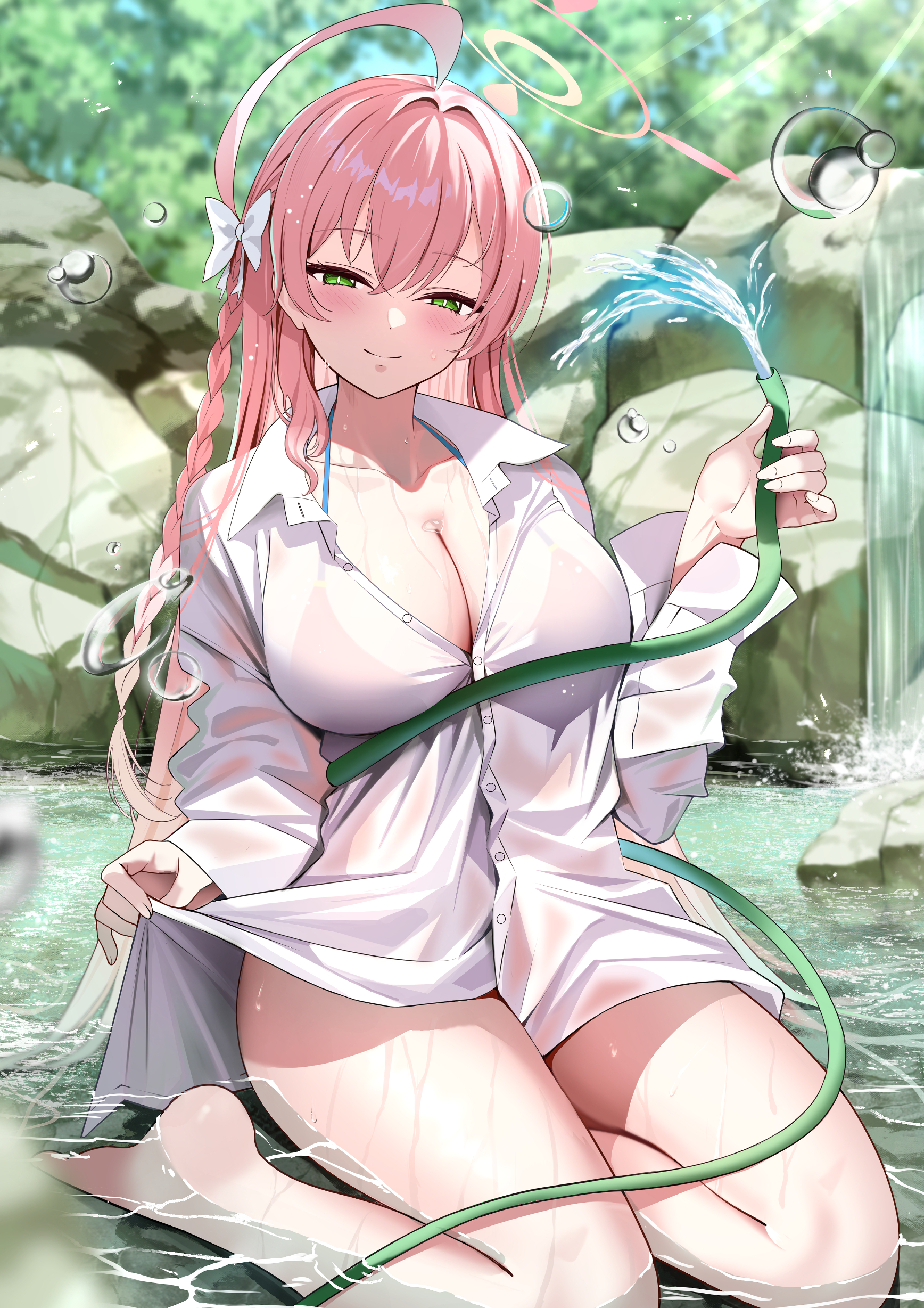 Anime 1736x2456 anime anime girls wet clothing waterhose Hanako (Blue Archive) Blue Archive water cleavage big boobs long hair braids hair bows portrait display looking at viewer sunlight water drops lifting shirt wet body smiling wet bikini top rocks pink hair green eyes thighs see-through clothing