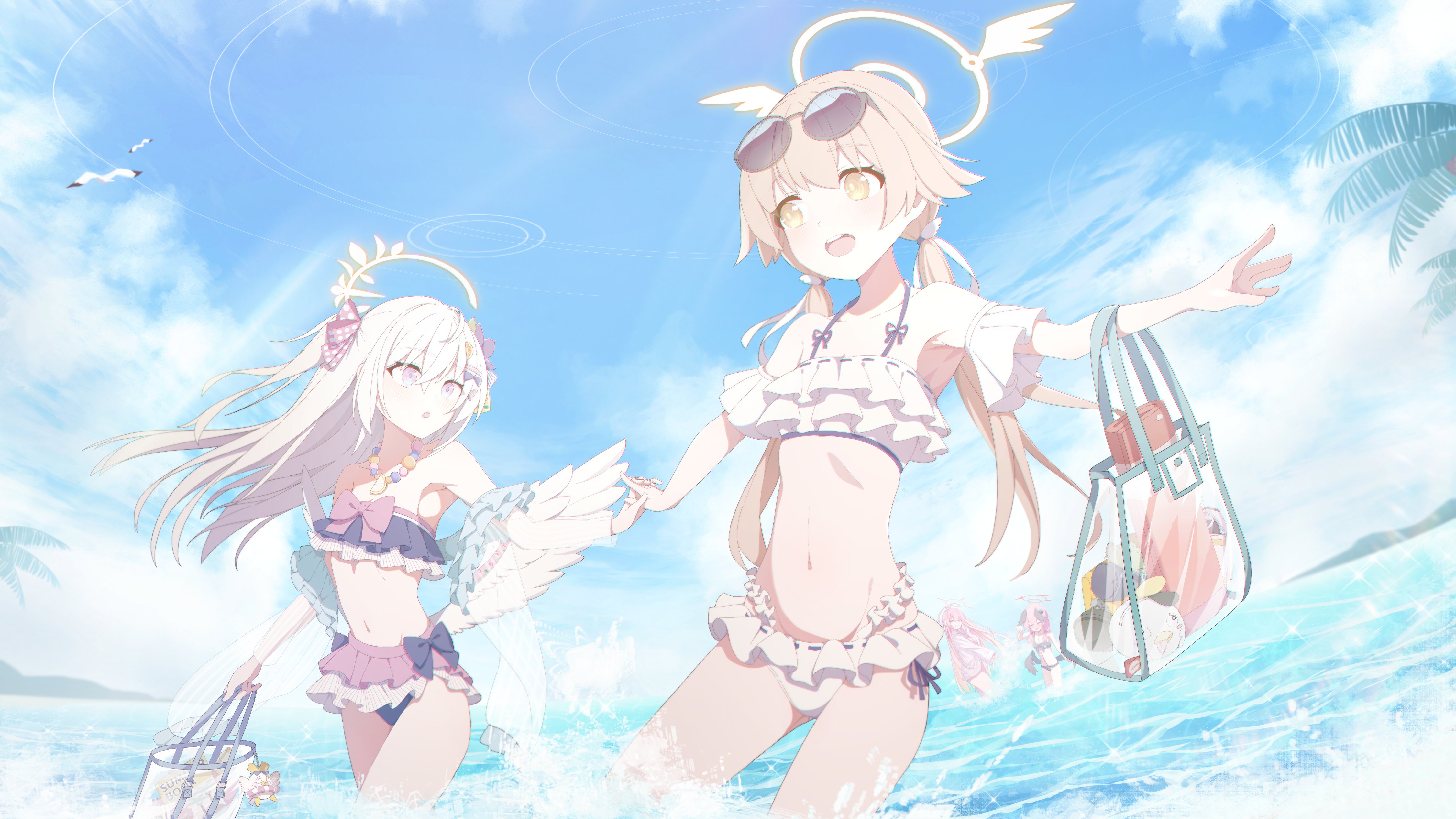 Anime 4500x2532 anime anime girls Azusa (Blue Archive) Hifumi (Blue Archive) swimwear Blue Archive sky water frills bikini bag wings standing standing in water long hair sunglasses birds animals clouds fingers interlaced armpits twintails flower in hair sunlight