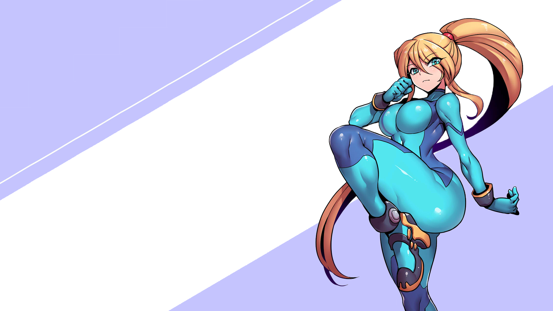 Anime 1920x1080 video games Samus Aran Zero Suit Samus zero suit Super Smash Brothers Super Smash Bros. Ultimate heels tight clothing thighs thick thigh boobs big boobs fighting stance blonde ponytail long hair bracelets blue eyes hair over one eye bangs latex bodysuit latex low-angle ass video game girls Metroid looking below thick body closed mouth minimalism simple background legs standing on one leg