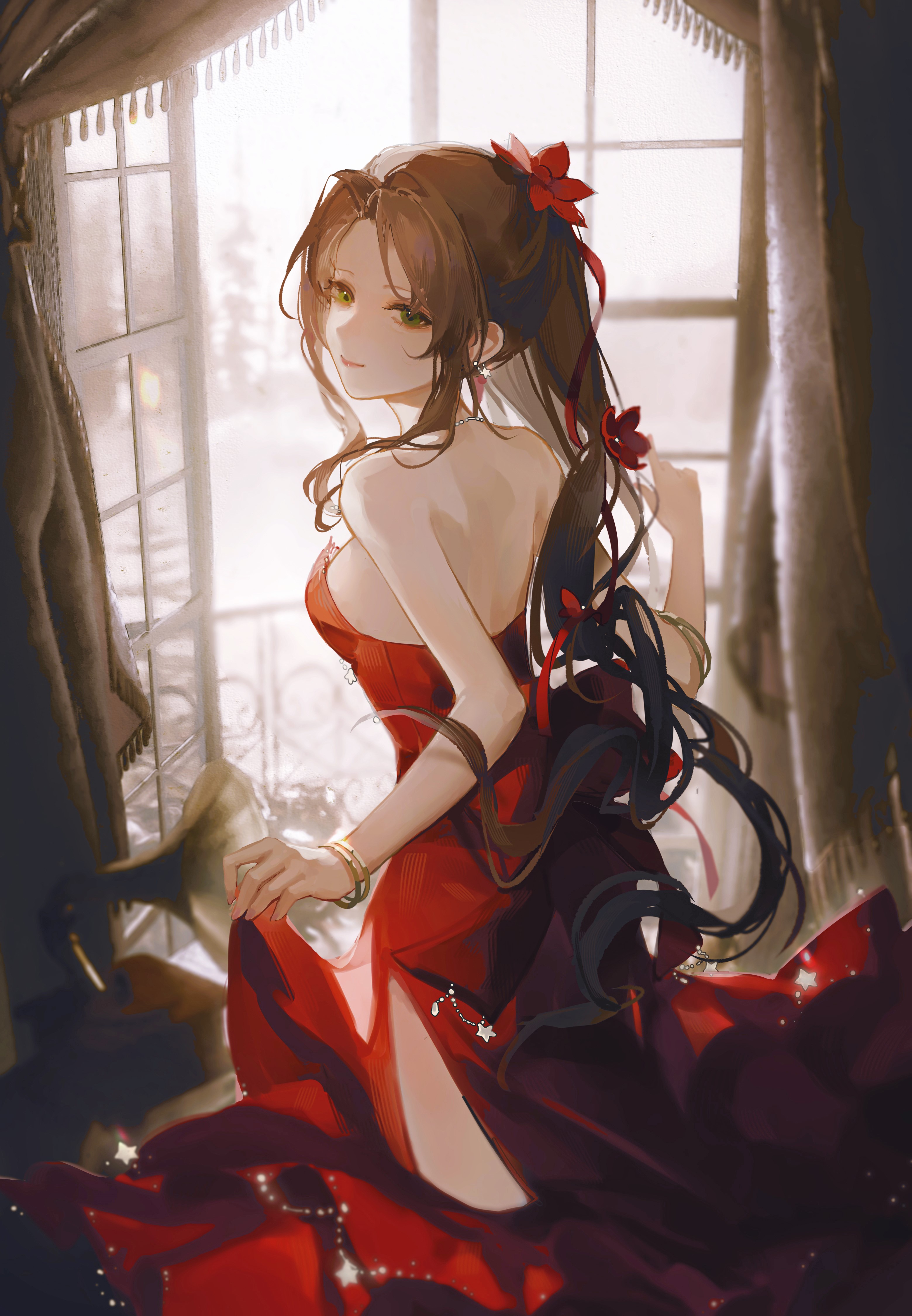 Anime 3119x4500 anime anime girls Aerith Gainsborough dress Final Fantasy VII window indoors women indoors long hair closed mouth smiling looking at viewer bareback lifting dress bracelets brunette blue eyes earring video game characters flower in hair looking back video game girls sunlight red dress