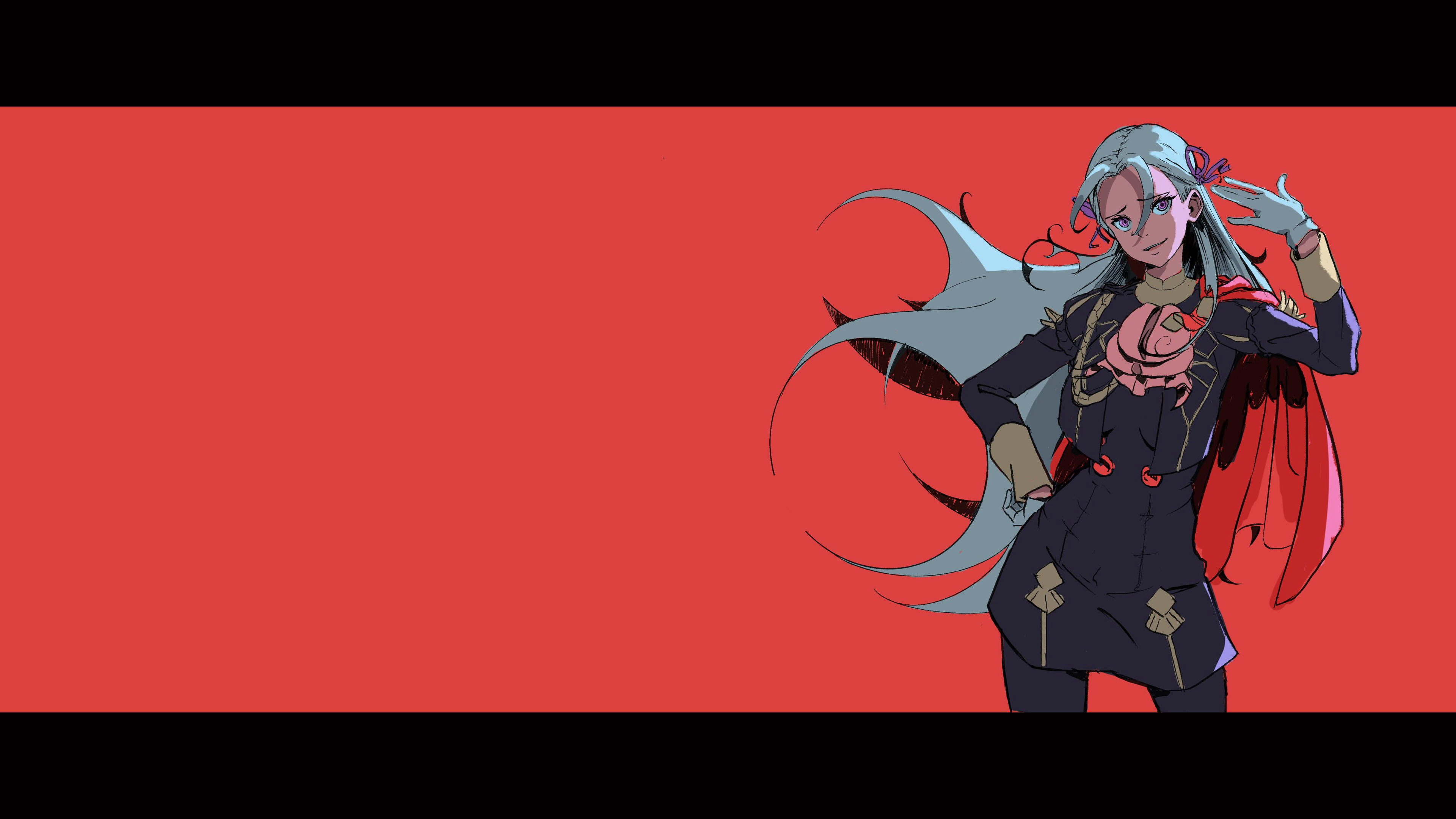 Anime 3840x2160 video game girls fire emblem three houses Edelgard von Hresvelg Nintendo white hair school uniform long hair cape bangs jewelry red background ribbon hair ornament sketches gloves white gloves looking at viewer yandere hands on hips Fire Emblem purple eyes video games smug face