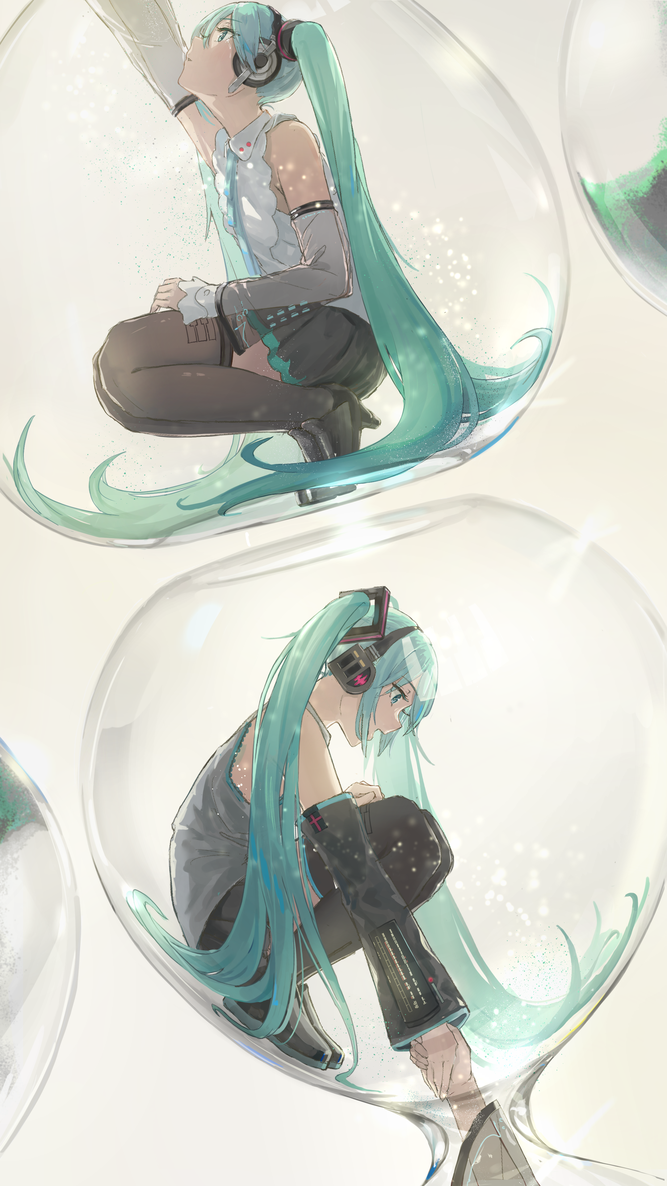 Anime 2160x3840 Hatsune Miku anime anime girls Vocaloid blue hair blue eyes portrait display glass hourglasses long hair twintails squatting headsets