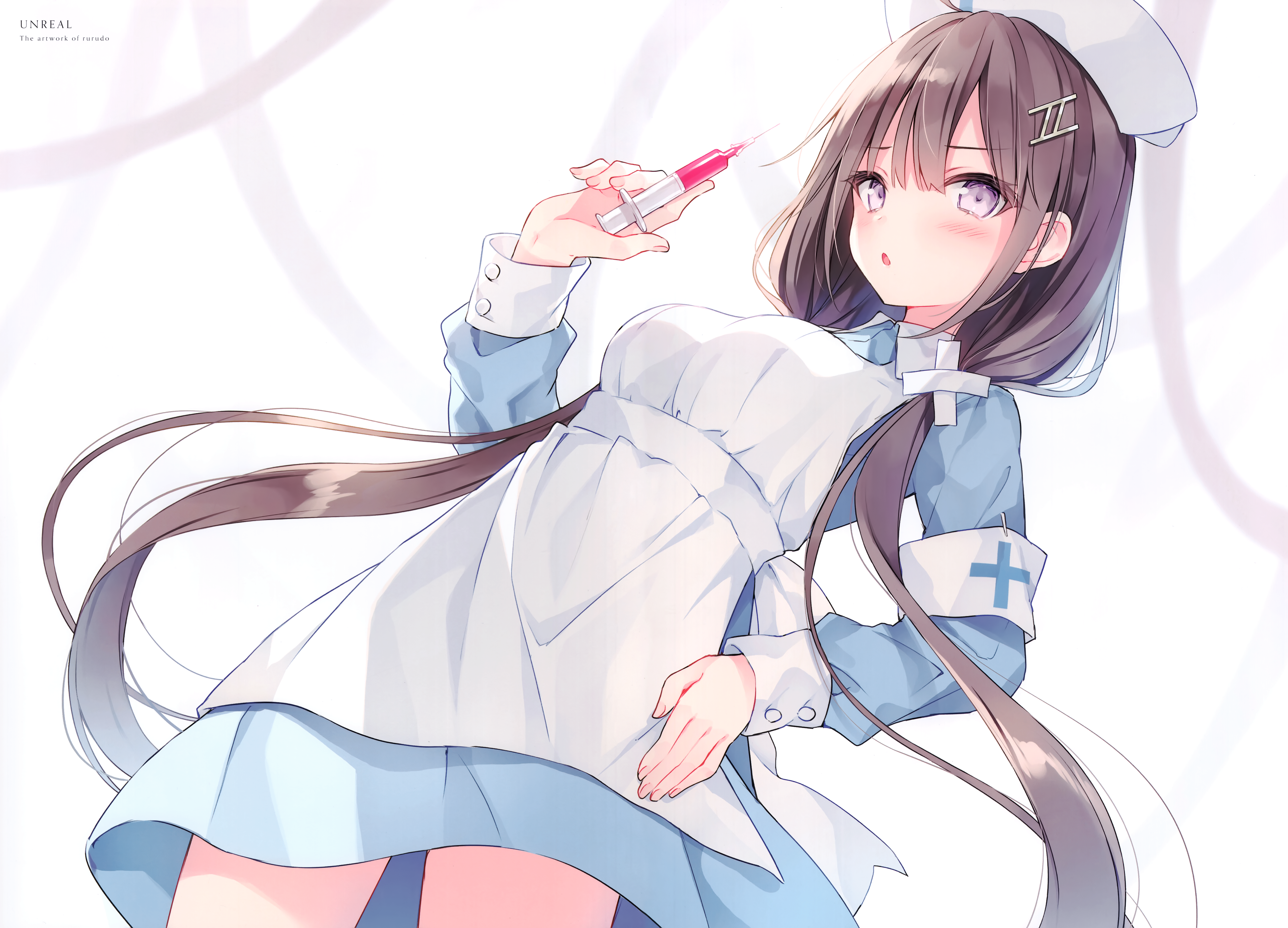 Anime 4775x3443 anime anime girls Rurudo needles nurses nurse outfit long hair blushing looking at viewer brunette blue eyes standing simple background twintails open mouth minimalism