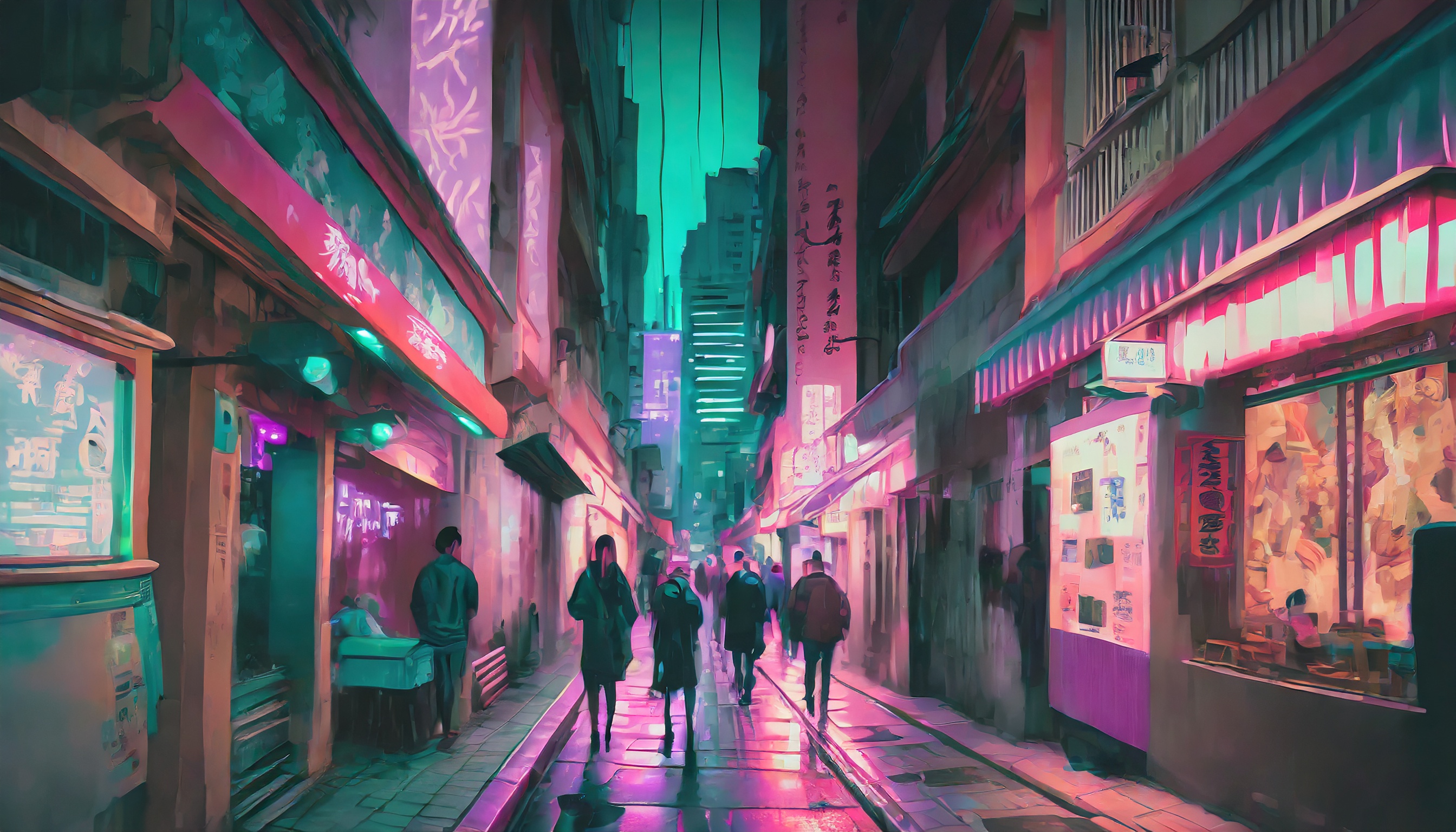 General 2688x1536 AI art neon Hong Kong night alleyway digital art building city city lights street