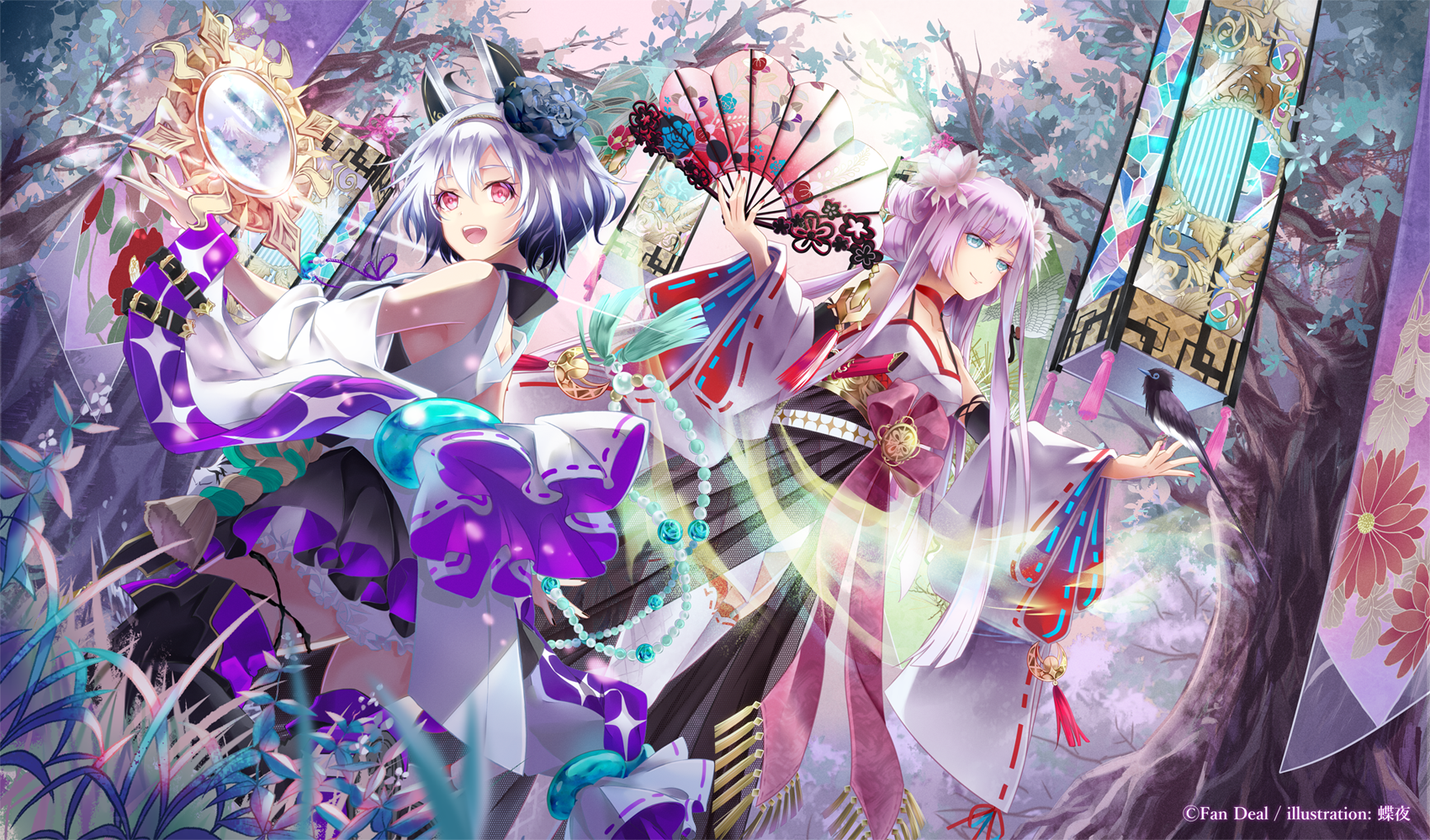 Anime 1700x999 anime anime girls pink hair kimono mirror birds fans watermarked leaves looking at viewer standing flower in hair long hair smiling animals trees skirt frills