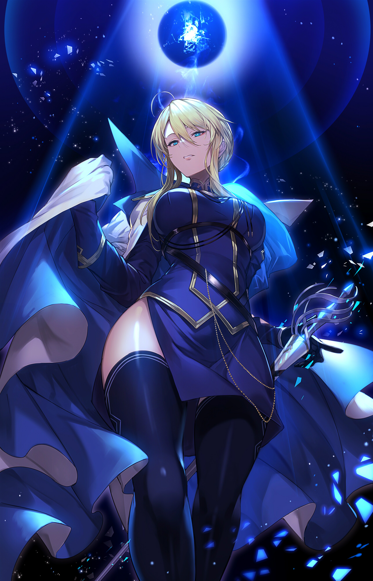 Anime 1285x2000 anime anime girls Artoria Pendragon (Lancer) Fate series Pixiv looking at viewer standing blonde blue eyes portrait display long hair gloves uniform thighs stockings