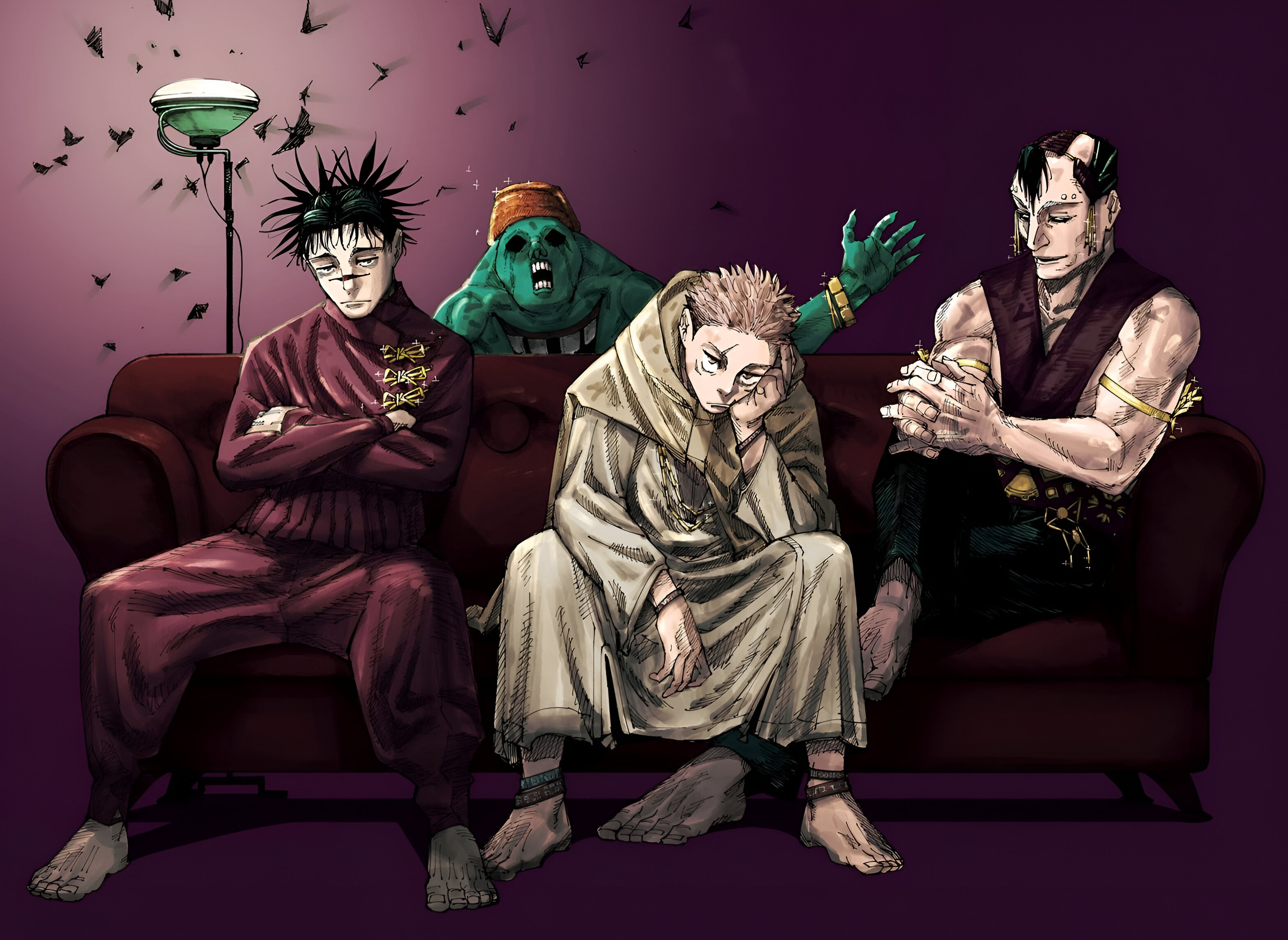Anime 3136x2290 Jujutsu Kaisen manga Ryomen Sukuna looking at viewer simple background couch minimalism anime boys arms crossed closed mouth hand on face sitting lamp moth feet barefoot bracelets anklet insect