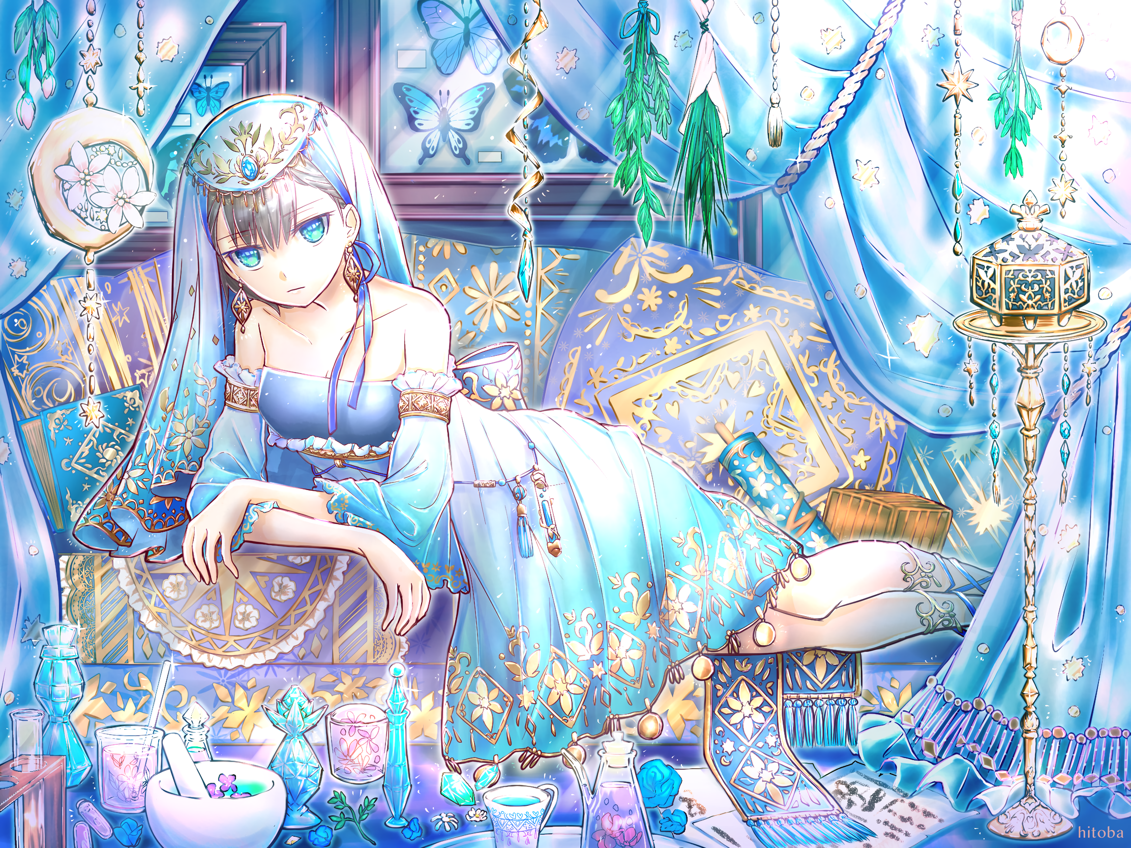 Anime 2224x1668 blue eyes blue dress looking at viewer butterfly earring jewelry gray hair headdress lying down lying on front indoors women indoors picture frames insect anime girls watermarked pillow closed mouth plants bare shoulders dress flowers couch bottles sleeveless test tube cup rose mortar (bowl) curtains