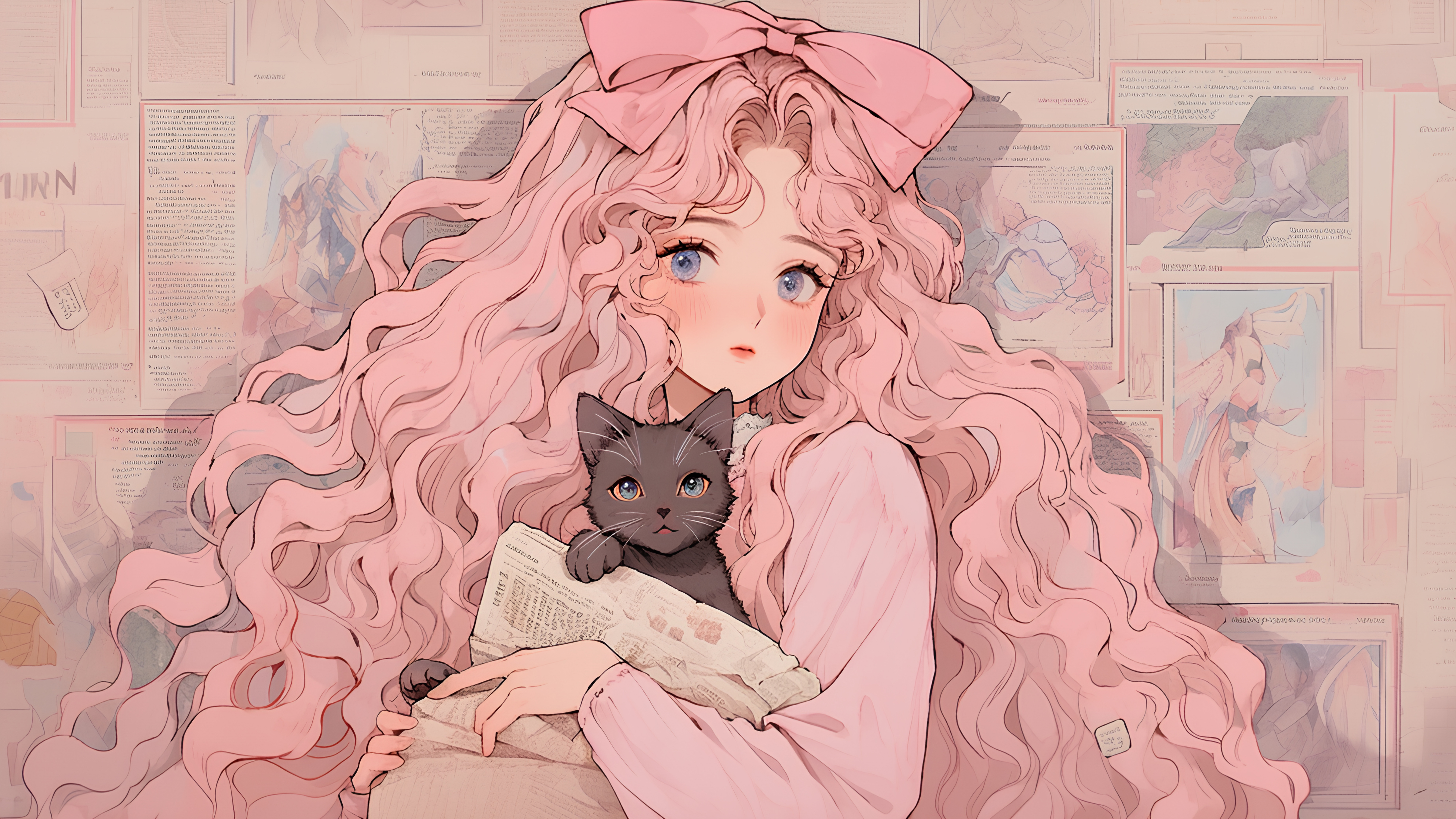 Anime 7680x4320 AI art anime girls drawing digital art looking at viewer wavy hair blushing blue eyes pink hair animals whiskers closed mouth indoors women indoors cats white hair