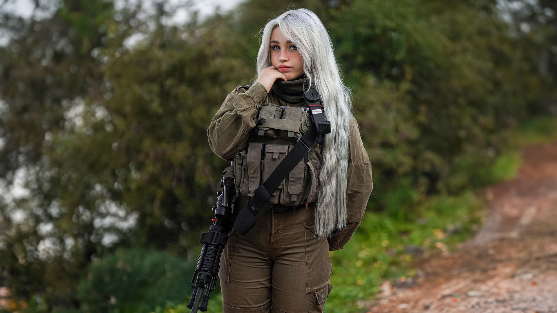 People 1920x1080 Israel Defense Forces Natalia Fadeev gun tight pants Israel women outdoors women soldier trees