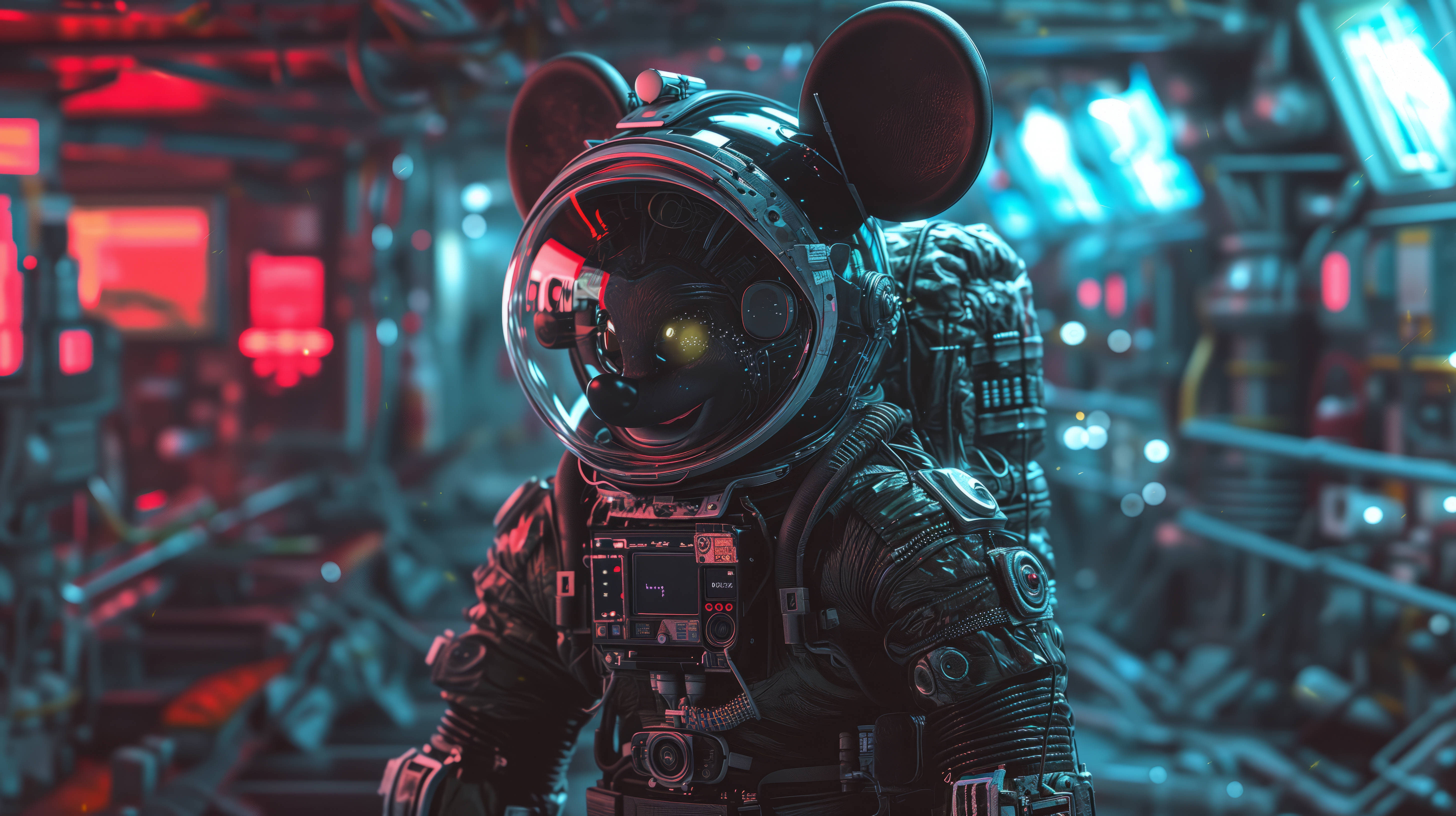 General 5824x3264 AI art Mickey Mouse cyberpunk astronaut depth of field neon spacesuit digital art mouse ears lights