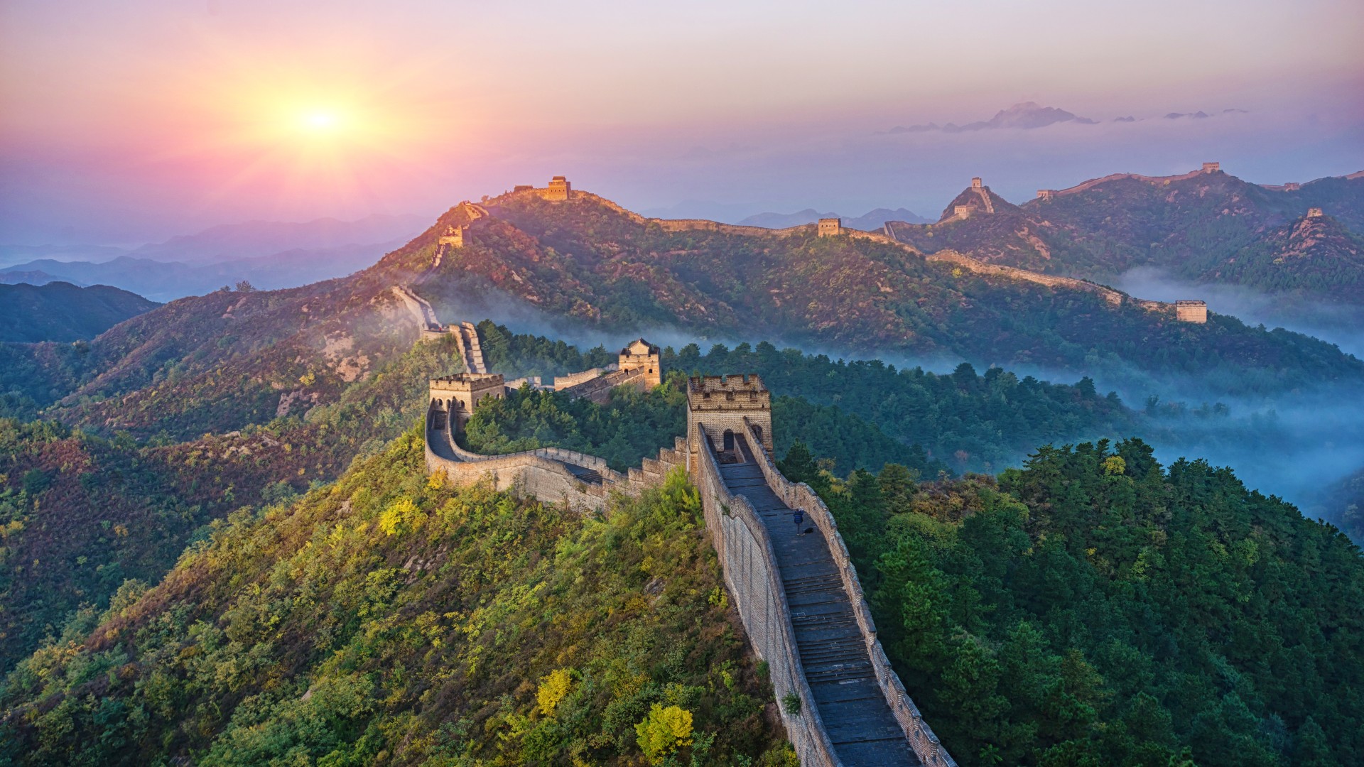General 1920x1080 nature landscape Great Wall of China China wall bricks tower trees forest mist aerial view sunset mountains sunset glow