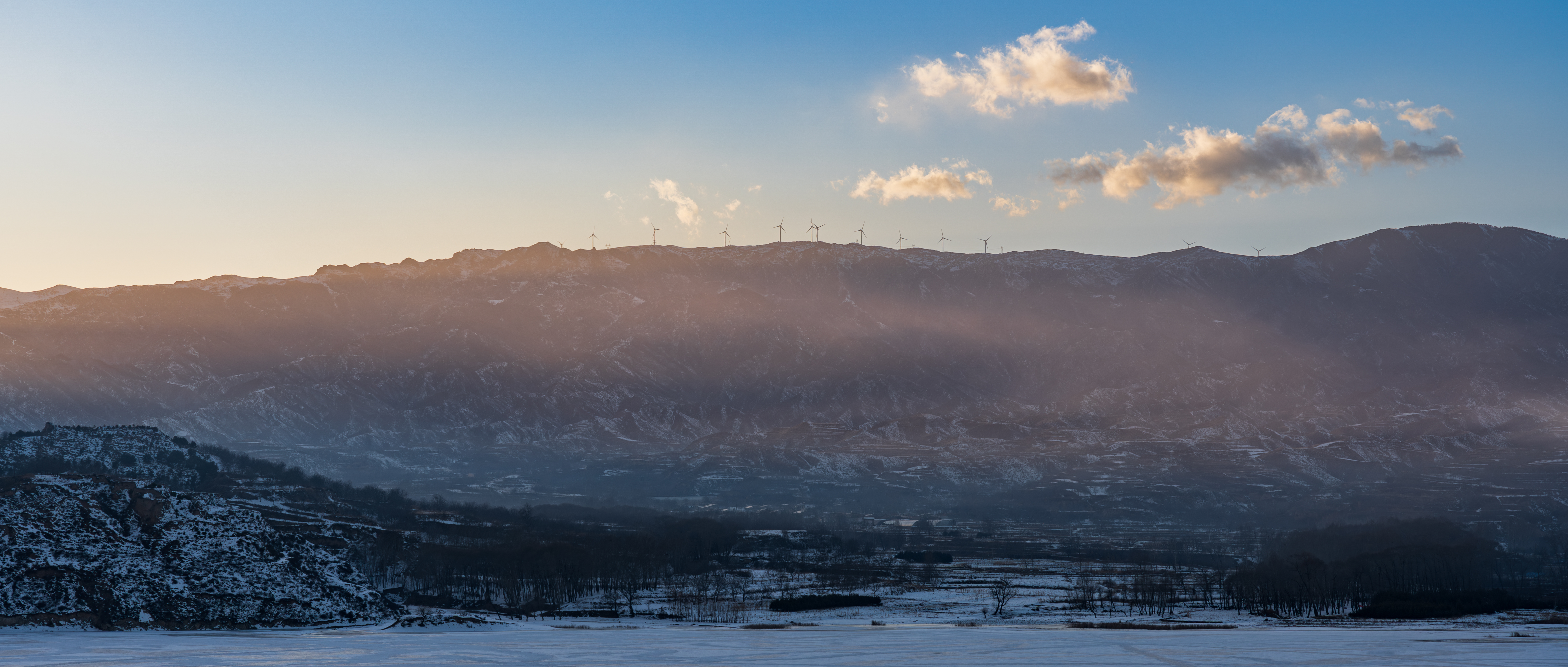 General 6000x2553 mountains wind turbine snow ultrawide sky mist sunlight clouds landscape outdoors