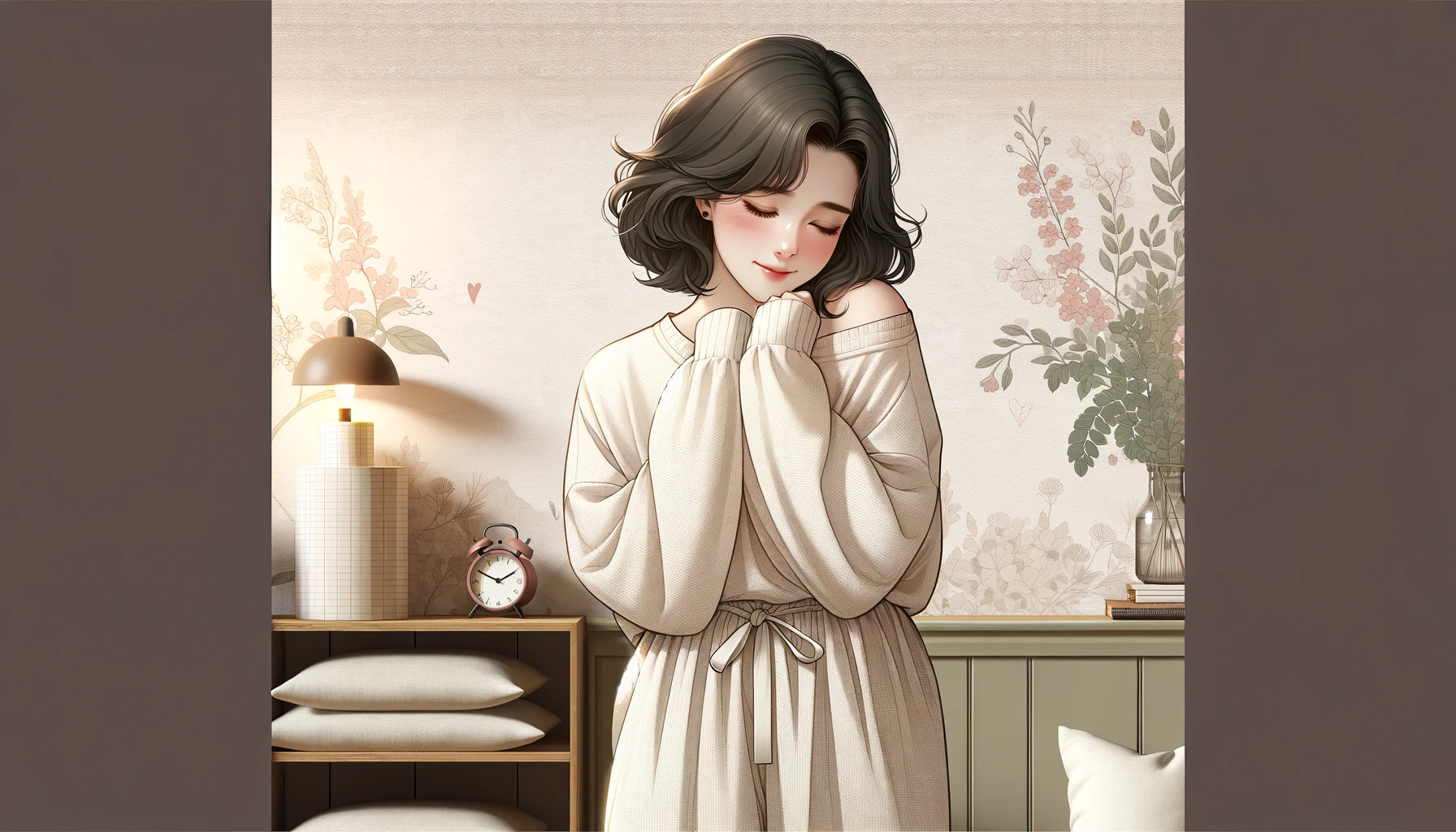 General 1792x1024 AI art living rooms women indoors indoors short hair digital art makeup closed mouth closed eyes clocks shelves standing smiling dark hair pillow wall floral one bare shoulder leaves earring long sleeves Asian women