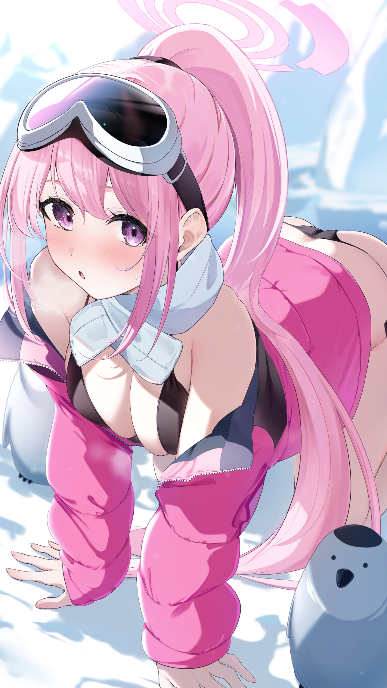 Anime 1286x2286 anime anime girls Blue Archive pink hair swimwear Izumimoto Eimi portrait display long hair looking at viewer blushing purple eyes animals outdoors women outdoors hair between eyes cleavage black bikinis big boobs sunlight goggles bikini off shoulder snow coats ass pink coat open coat scarf bare shoulders penguins Nokke O bent over open mouth