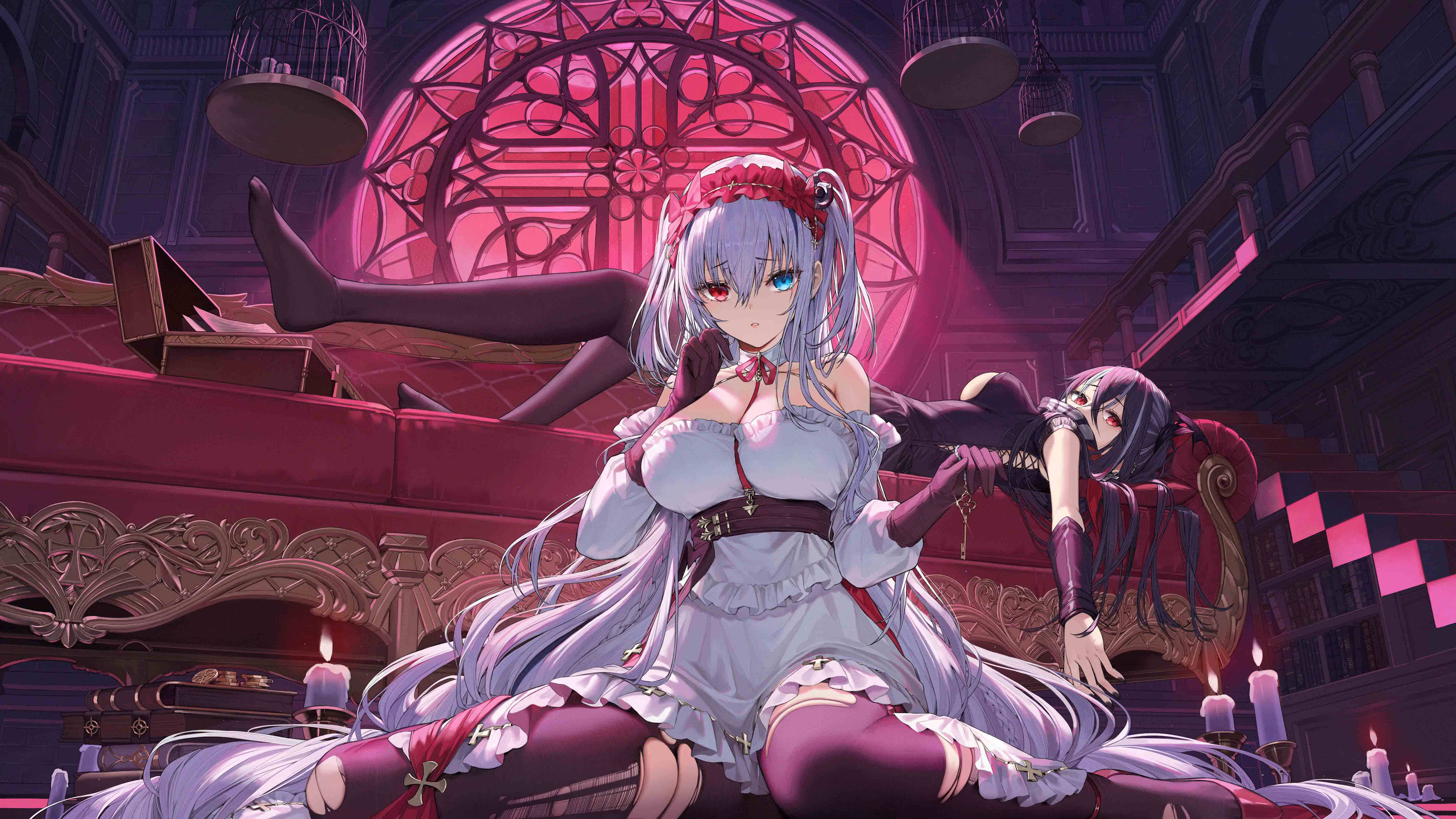 Anime 5760x3240 Azur Lane white dress looking at viewer dress Elbing (Azur Lane) couch huge breasts torn legwear torn clothes lying down U-47 (Azur Lane) candles heterochromia birdcage women indoors gloves detached sleeves books Mo Xiaoxue long sleeves pantyhose anime girls bare shoulders stairs gray hair long hair hair between eyes fire bent legs wariza