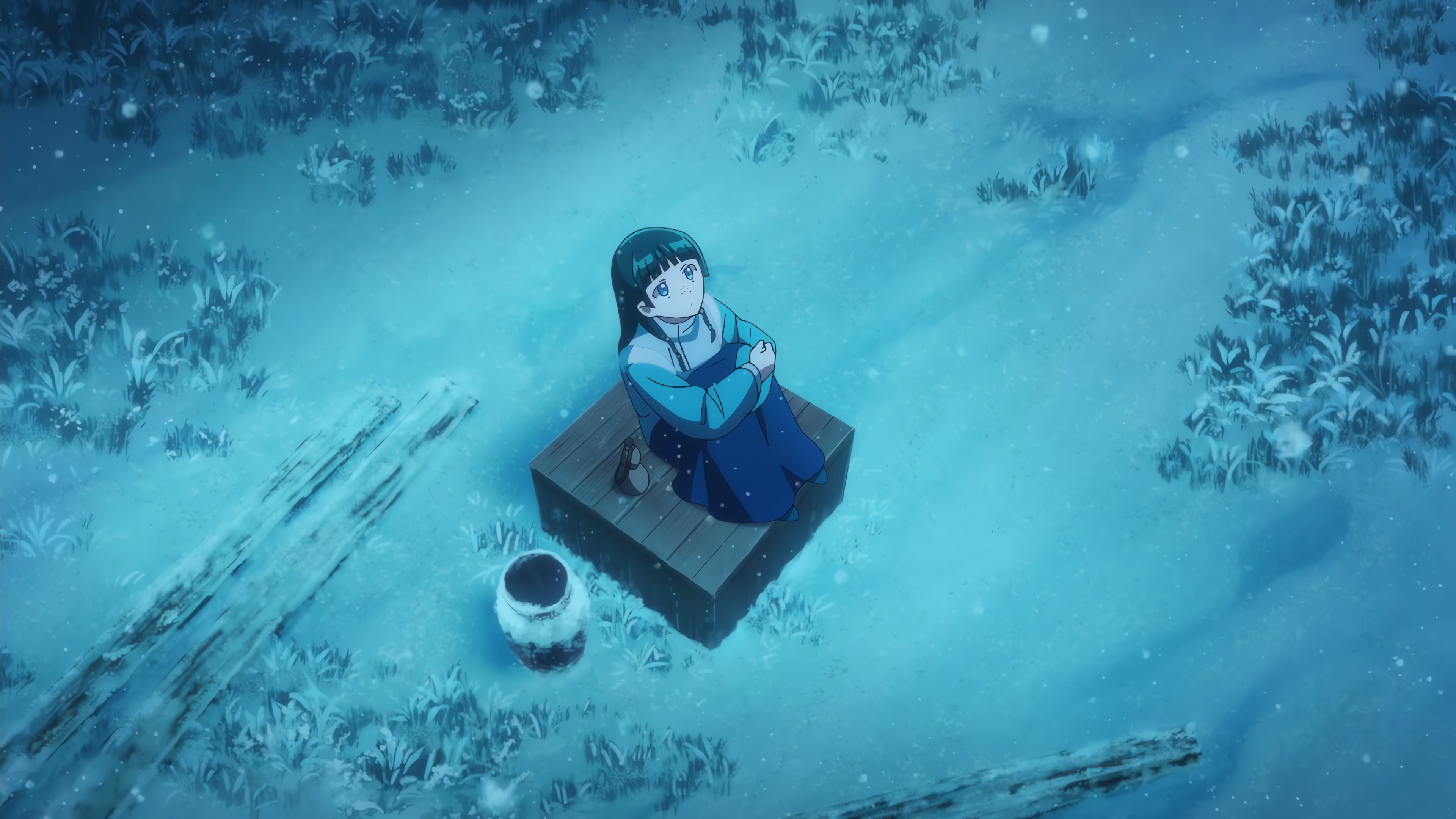 Anime 3840x2160 snow anime girls anime winter clothing The Apothecary Diaries green hair night Anime screenshot sitting outdoors women outdoors looking up holding knees blunt bangs long hair bangs blue eyes