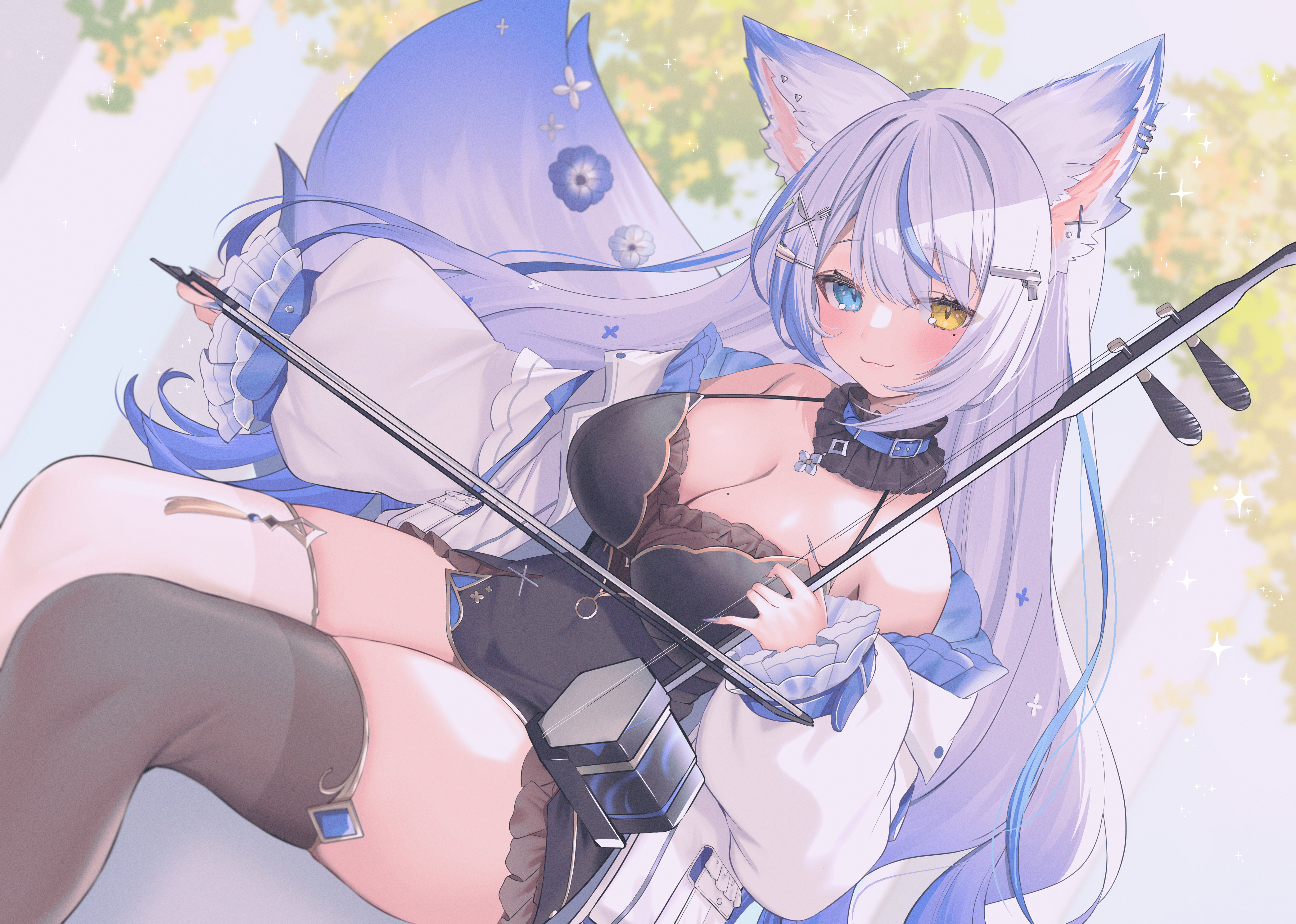 Anime 4175x2976 anime anime girls Suzuho Hotaru smiling Lulebel (Vtuber) blushing heterochromia long hair looking at viewer cleavage mole on breast big boobs two tone hair wolf girls wolf ears off shoulder long sleeves wolf tail mismatched stockings thighs stockings moles hair ornament sidelocks minidress musical instrument earring halter dress sitting asymmetrical stars indie virtual youtuber frills Virtual Youtuber sparkles mole under eye dress zettai ryouiki head tilt bright
