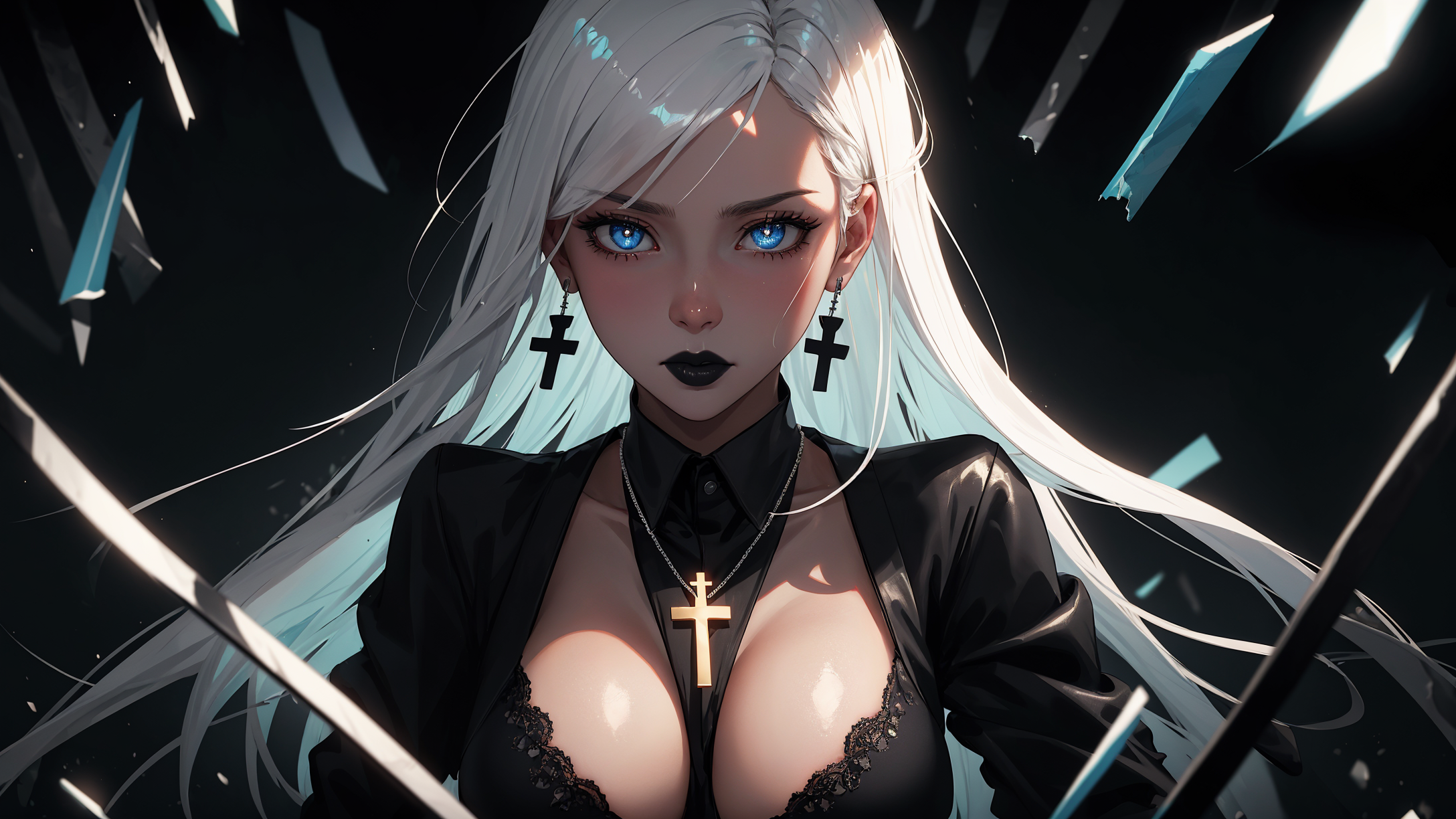 Anime 2176x1224 anime white hair AI art Stable Diffusion cross blue eyes looking at viewer long hair black lipstick closed mouth lipstick cross earrings frontal view necklace