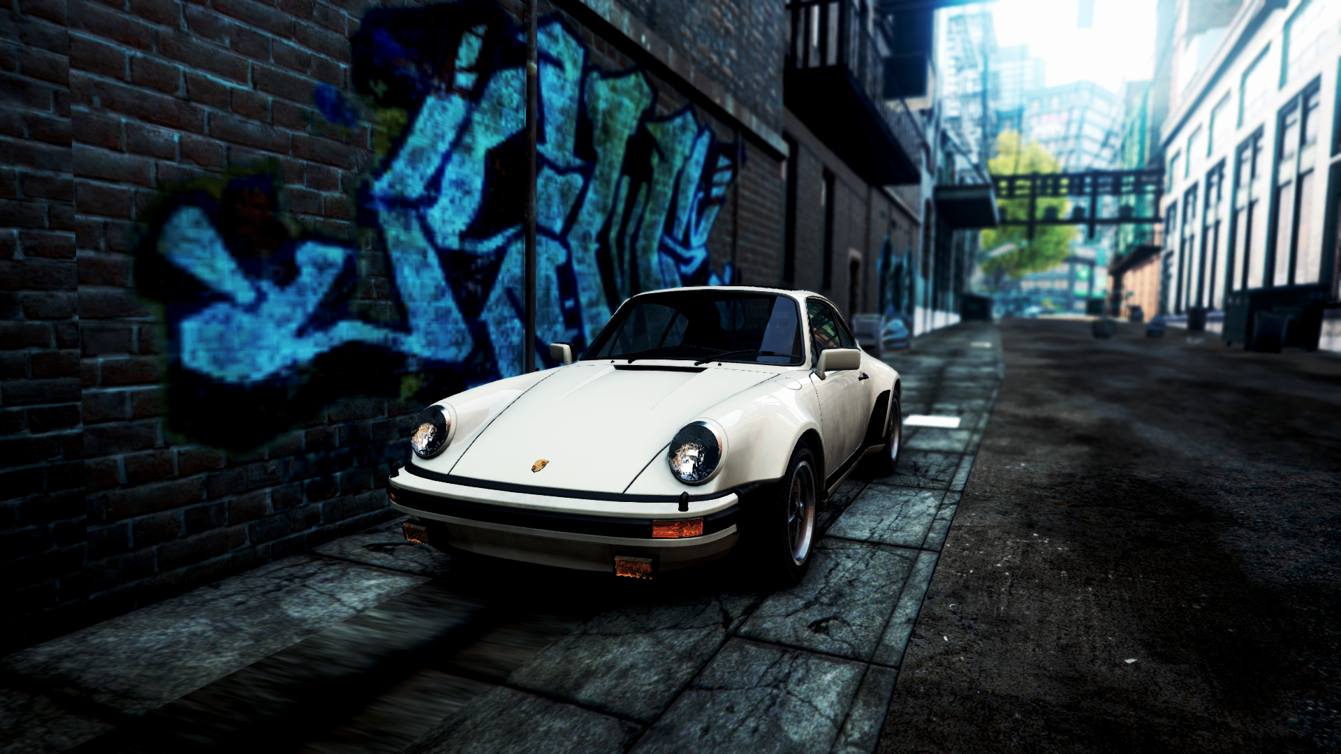 General 1920x1080 Need for Speed: Most Wanted video games car alleyway graffiti video game art screen shot frontal view headlights depth of field building vehicle sunlight road
