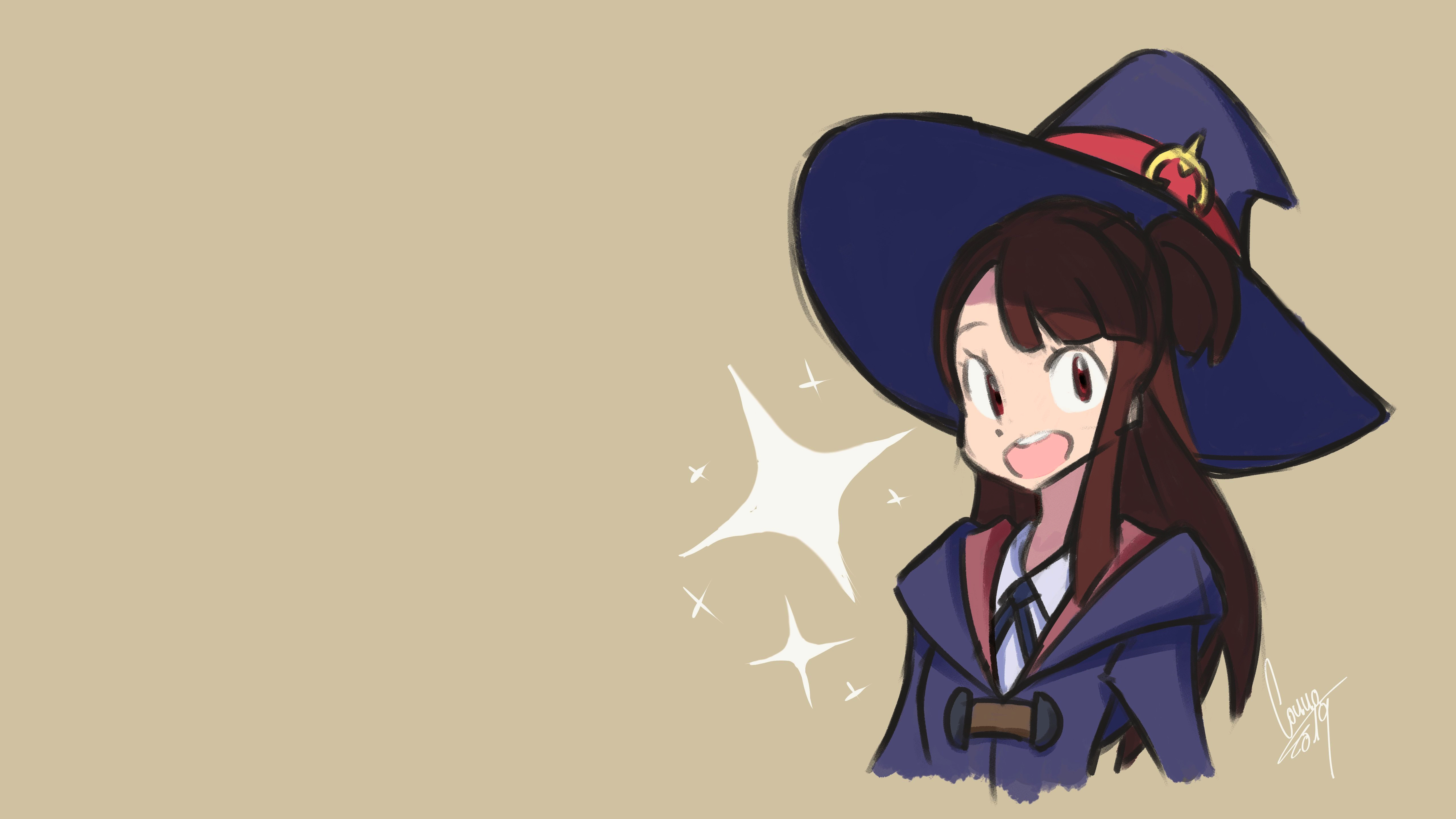 Anime 5120x2880 Little Witch Academia Luna Nova uniform witch hat Kagari Atsuko wide-brimmed hat robes white shirt collared shirt black ribbons sidelocks brunette anime girls brown eyes long hair open mouth sketches simple background stars minimalism witch signature 2019 (year)