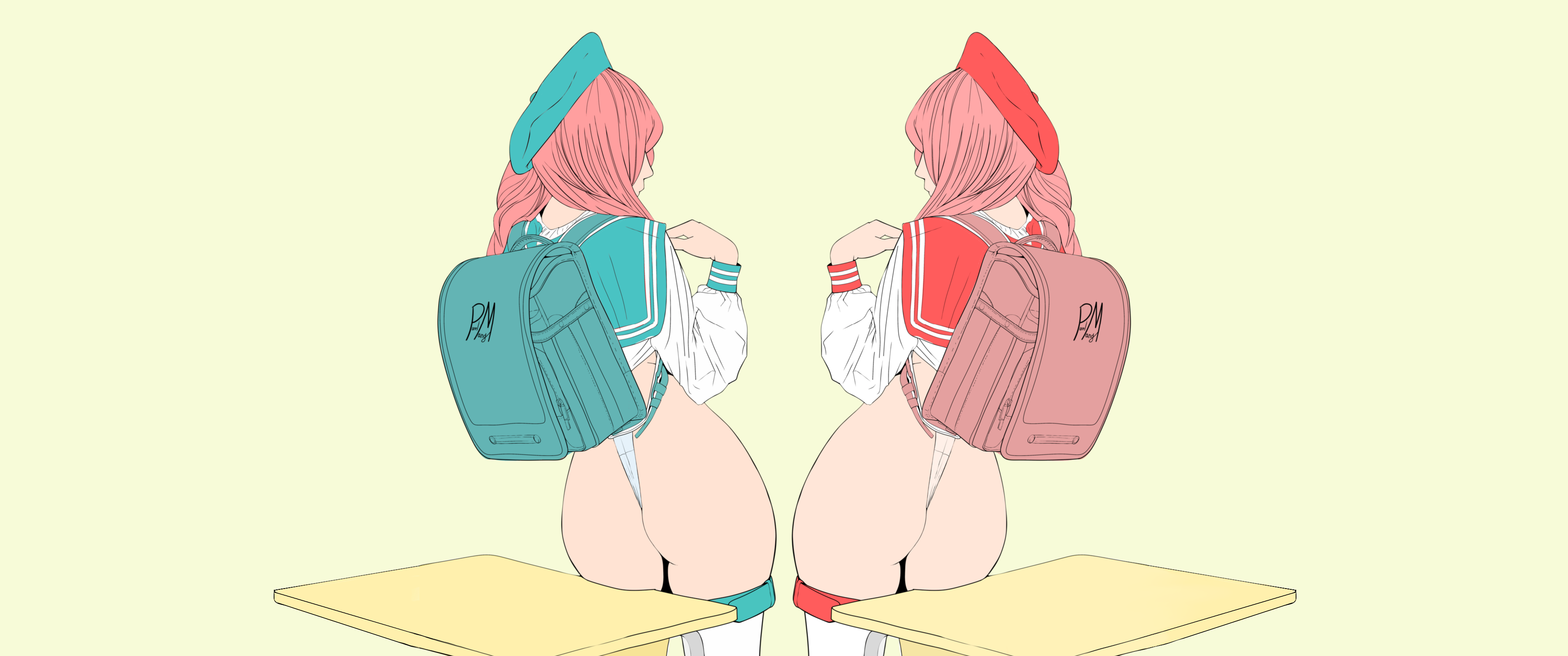 Anime 3742x1566 wide screen simple background ass backpacks anime girls schoolgirl school uniform long sleeves long hair rear view anime minimalism table two women standing twins butt floss leaning