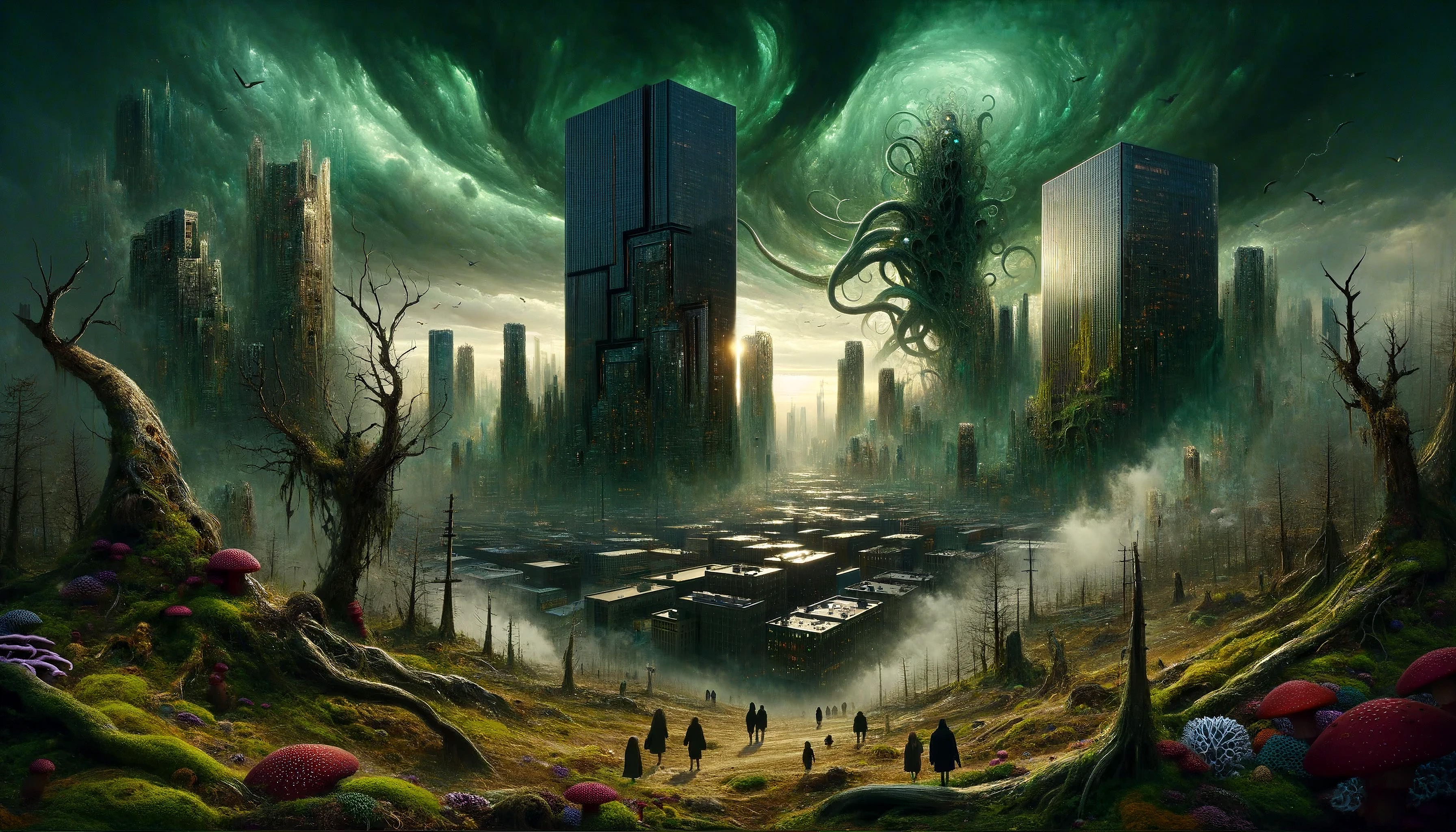 General 3584x2048 AI art digital art H. P. Lovecraft creature horror creepy sky clouds building city tentacles people
