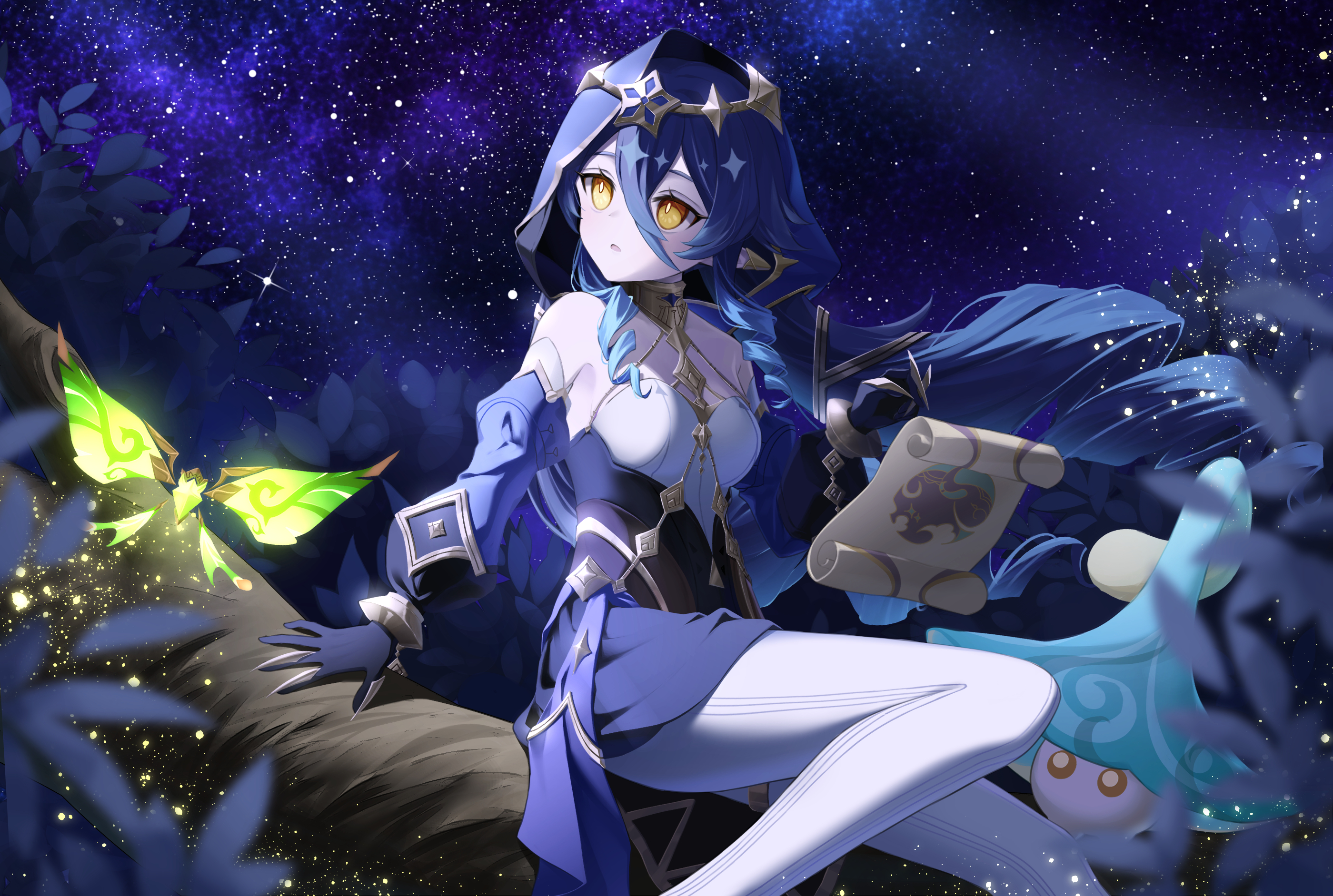 Anime 2800x1883 anime anime girls Layla (Genshin Impact) Genshin Impact stars hair between eyes sky looking away long hair bare shoulders insect Neneko_sleep yellow eyes gradient hair two tone hair Arabian clothes leaves pantyhose parted lips starry night starred sky pointy ears night outdoors women outdoors twintails blue hair