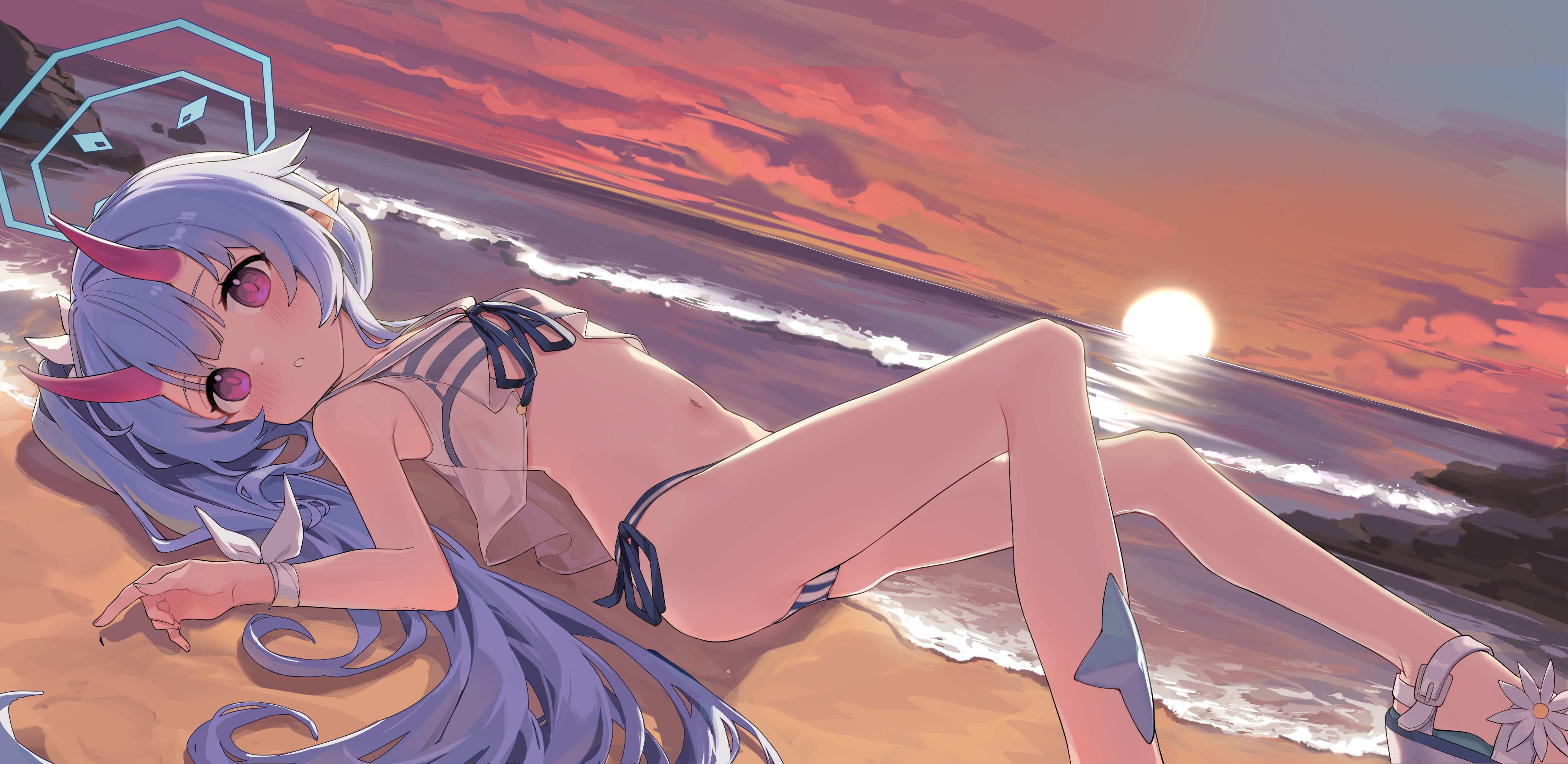 Anime 4096x1997 anime anime girls lying down lying on back Bada sky horns looking at viewer waves outdoors women outdoors long hair blue hair pointy ears blushing swimwear small boobs starfish water sand Waraku Chise Blue Archive purple eyes Sun sea sandals on the ground