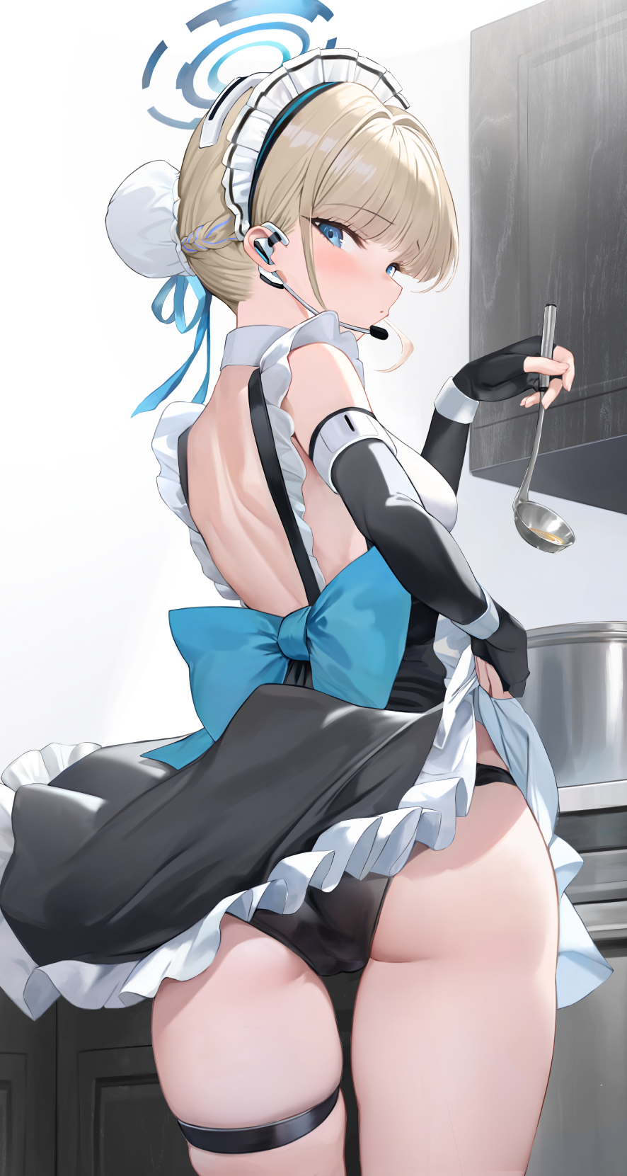 Anime 886x1661 anime anime girls Asuma Toki (Blue Archive) blonde blue eyes earphones maid Previeww0 portrait display Blue Archive looking back looking at viewer standing kitchen cooking ass indoors women indoors hair ribbon blue ribbons ribbon black gloves gloves blue bow bow hairbun apron short hair miniskirt frills looking over shoulder headdress braids