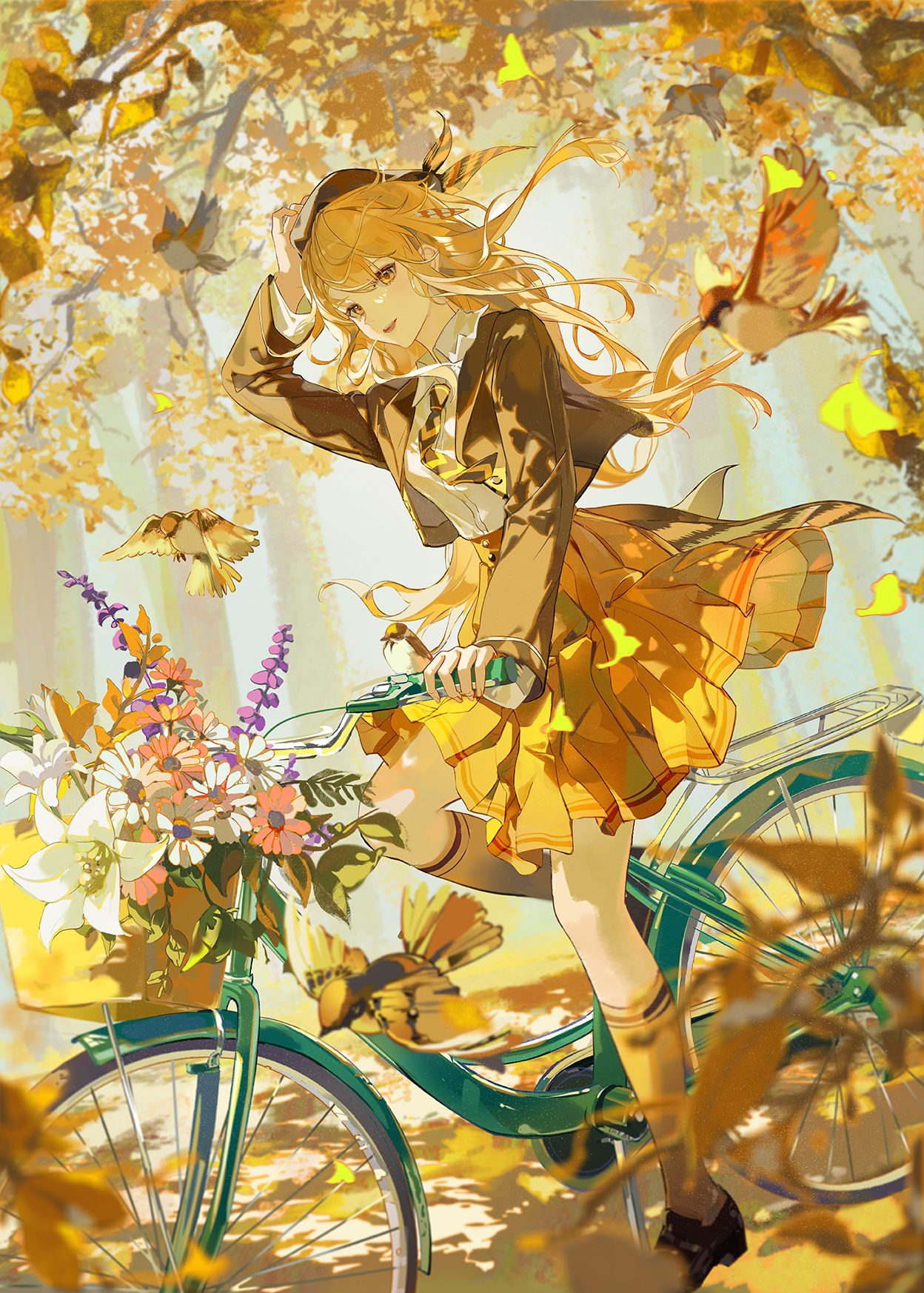Anime 1248x1746 Li Flag anime girls looking at viewer bicycle colorful birds blonde long hair straight hair flowers smiling yellow eyes leaves yellow leaves AI art portrait display anime open mouth wind animals