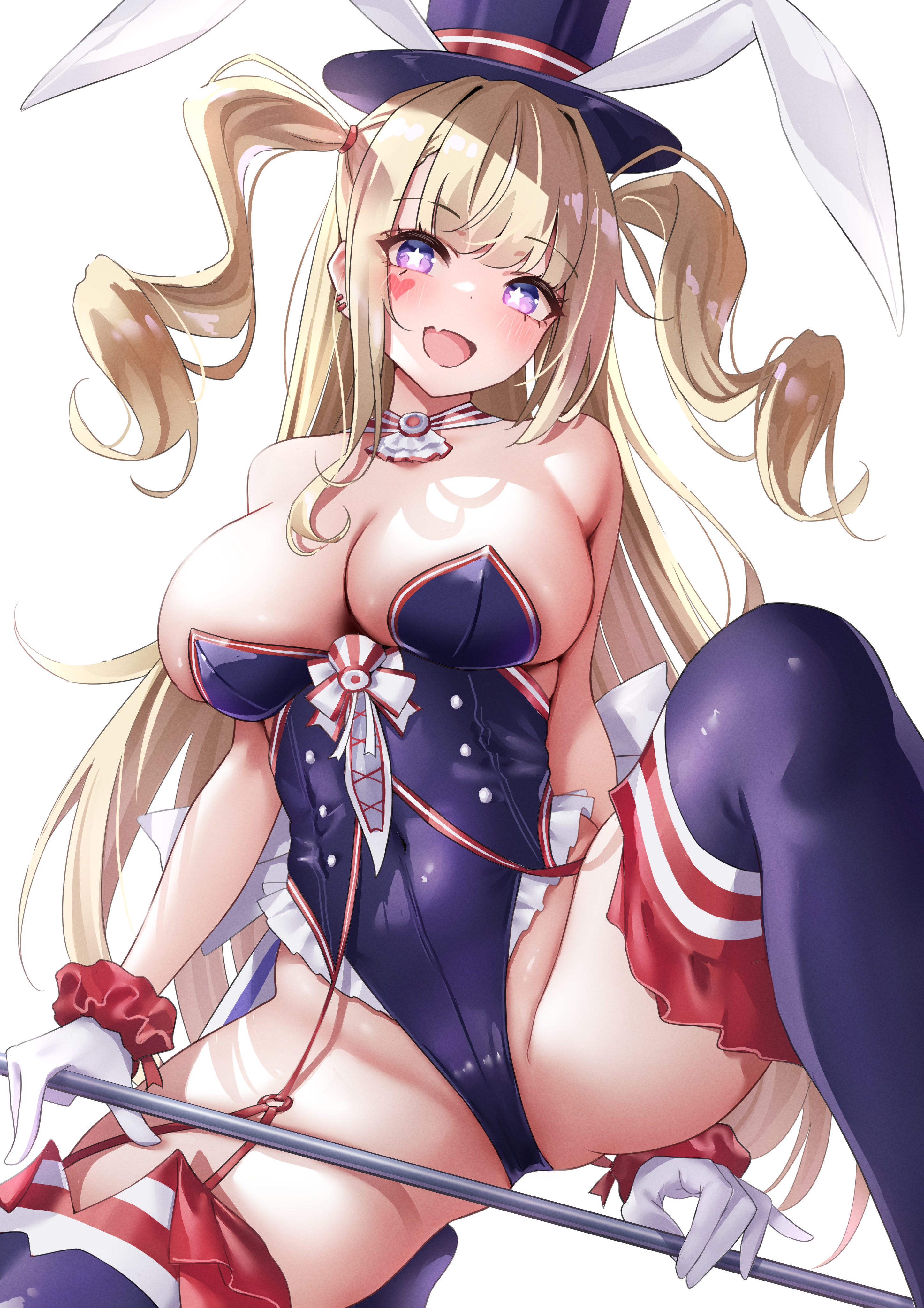 Anime 2894x4093 anime anime girls Guam (Azur Lane) twintails Azur Lane open mouth Zildjian33 portrait display looking at viewer top hat bunny ears bunny suit leotard huge breasts bent legs bare shoulders blushing star eyes white gloves gloves spread legs blonde ear piercing cleavage white background frills long hair bunny girl