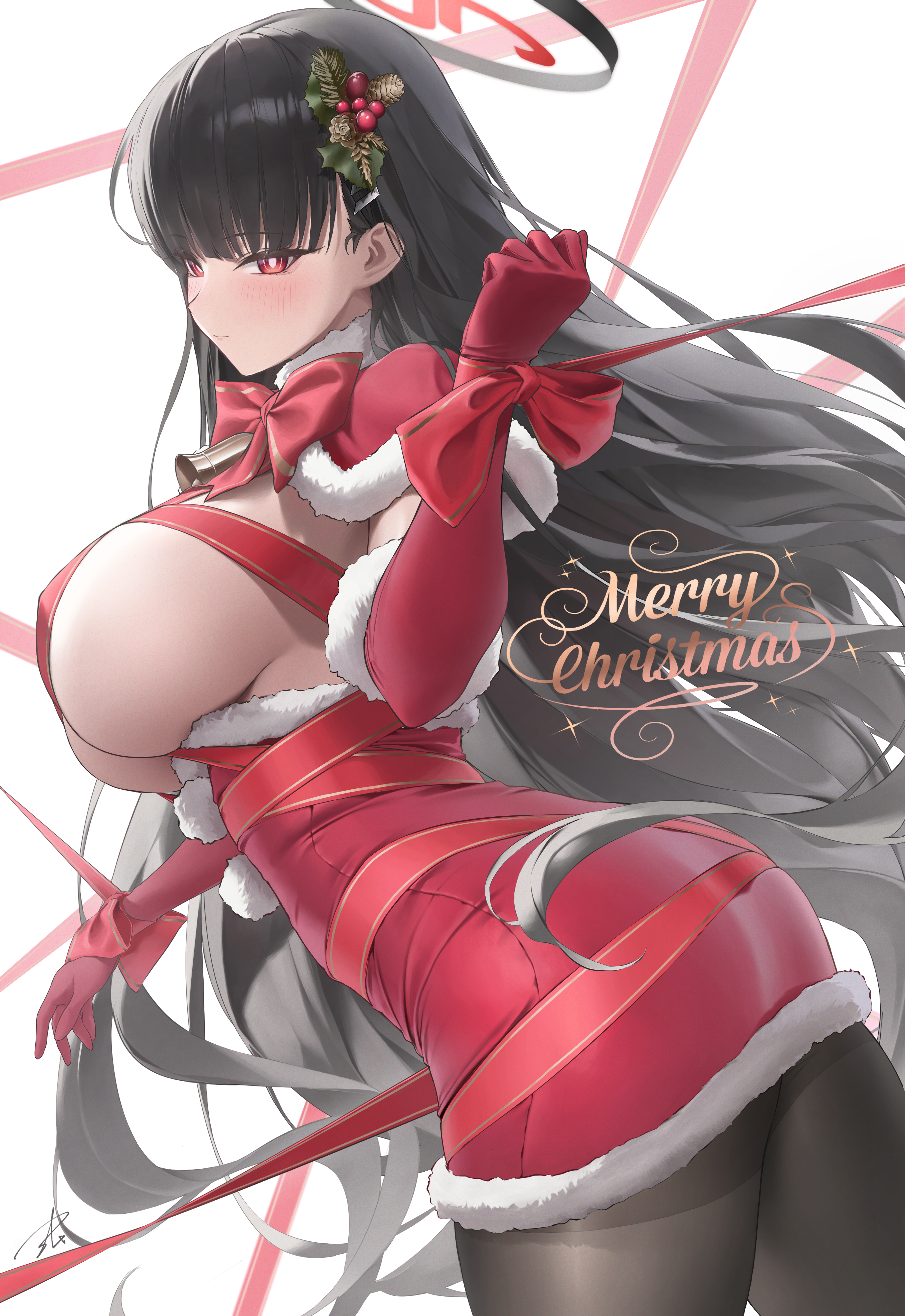 Anime 2814x4093 Blue Archive black hair portrait display red eyes Christmas clothes gloves red gloves elbow gloves Christmas Greeting bells christmas dress ribbon Santa costume red dress black pantyhose blushing Tsukatsuki Rio pantyhose white background thighs simple background ass huge breasts sideboob hair ornament long hair red ribbon closed mouth Jingle Bell anime girls